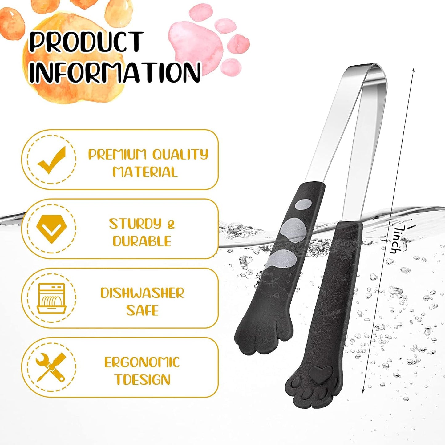 Patelai 2 Pieces Cat Paw Tongs 7 Inch Stainless Steel Tiny Tongs Cute Kitchen Accessories Mini Food Cat Kitchenware Kawaii Kitchen Decoration for Snack Cooking BBQ Grilling Sweets (Black)