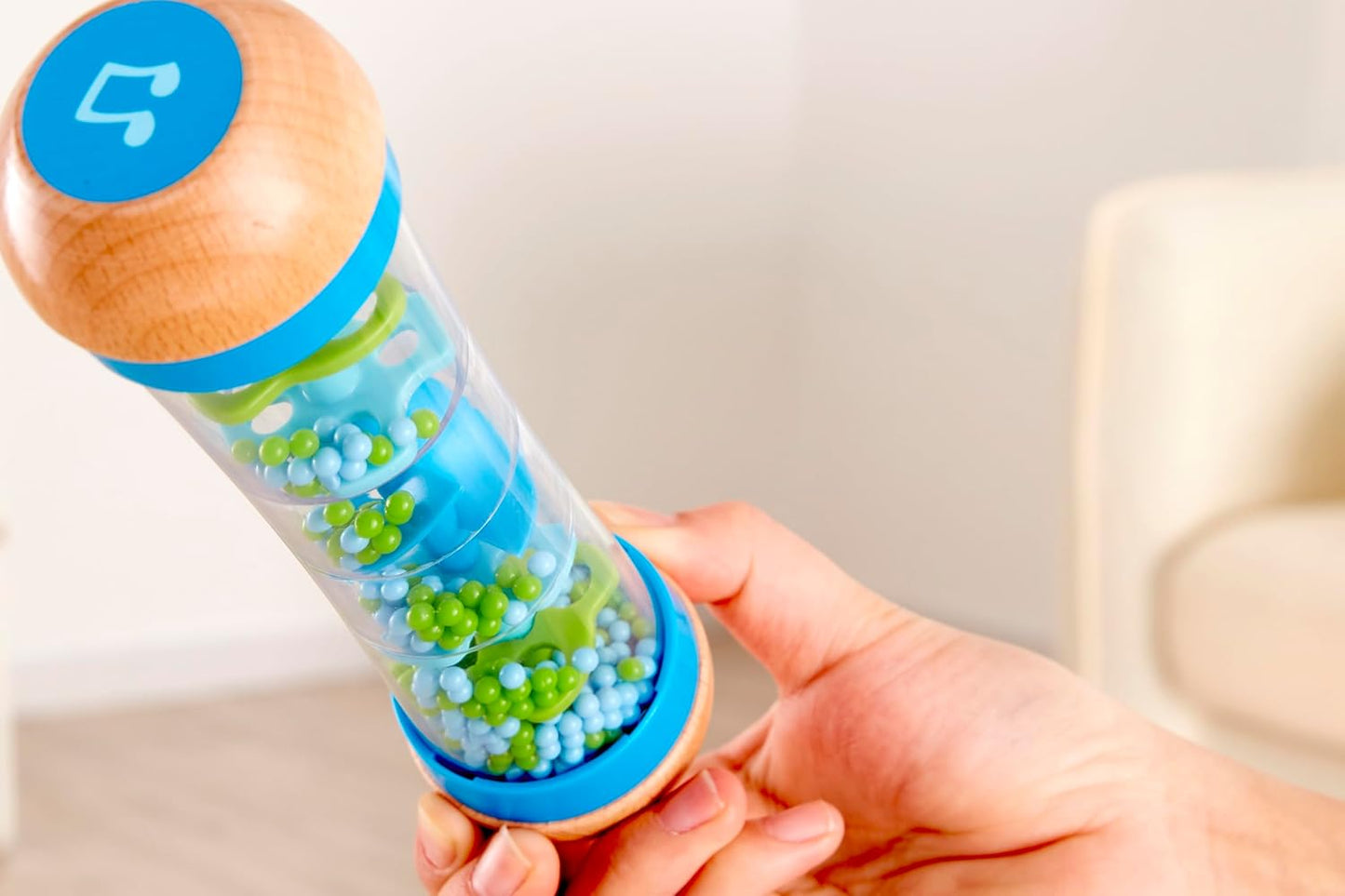 Hape Beaded Raindrops | Mini Wooden Musical Shake & Rattle Rainmaker Toy, Blue, Model Number: E0328B