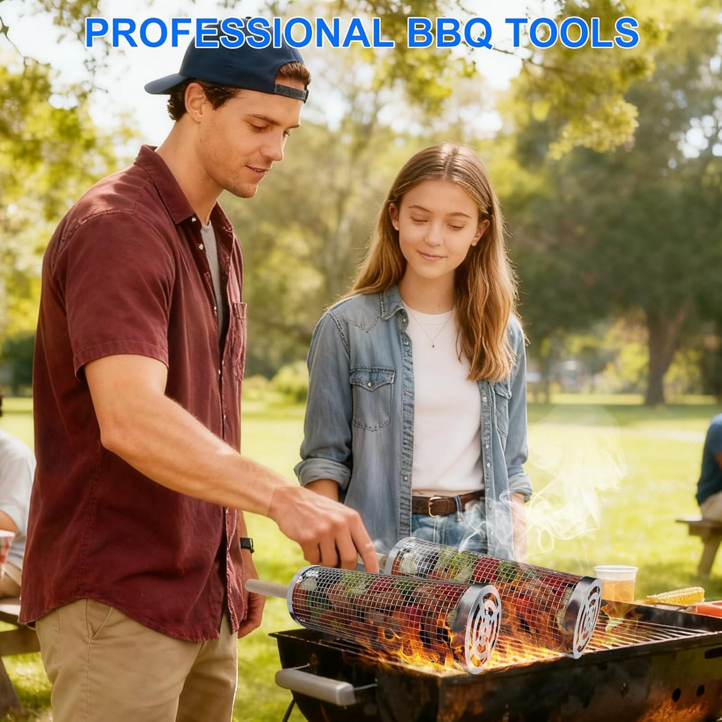 Rolling Grill Basket 2-Pack, Premium 304 Stainless Steel, Removable Wooden Handles, Upgrade Rolling Grill Baskets for Outdoor Grill, BBQ Grill Accessories for Camping/Backyard Cooking, Ideal Gift for Dad/Husband
