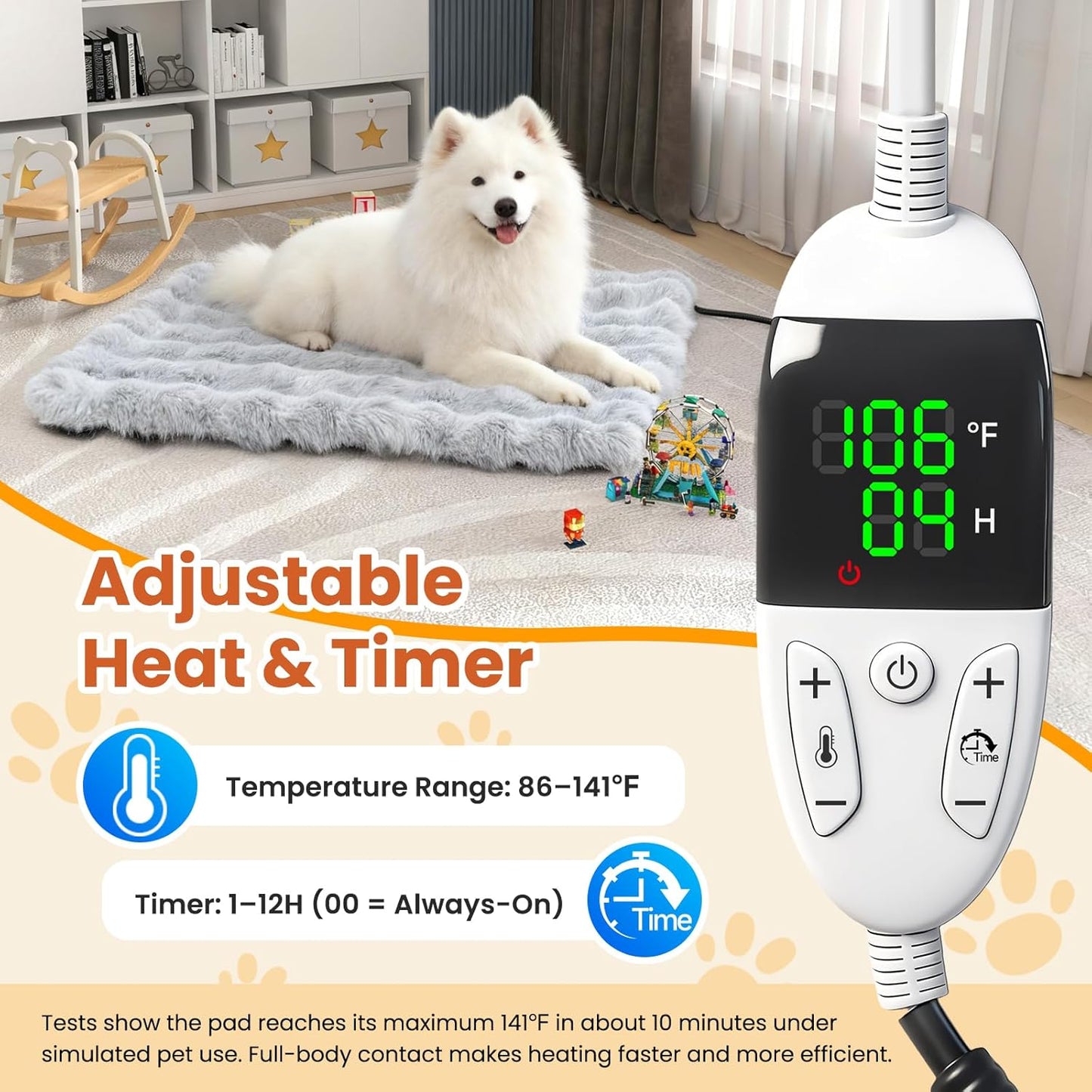 Dog Heating Pad, Heated Dog Cat Bed with Smart Thermostat, 12 Temp Levels & 0-12H Timer, Large Pet Heating Pad with Plush Fleece Cover, Waterproof & Chew Resistant, 34x24in