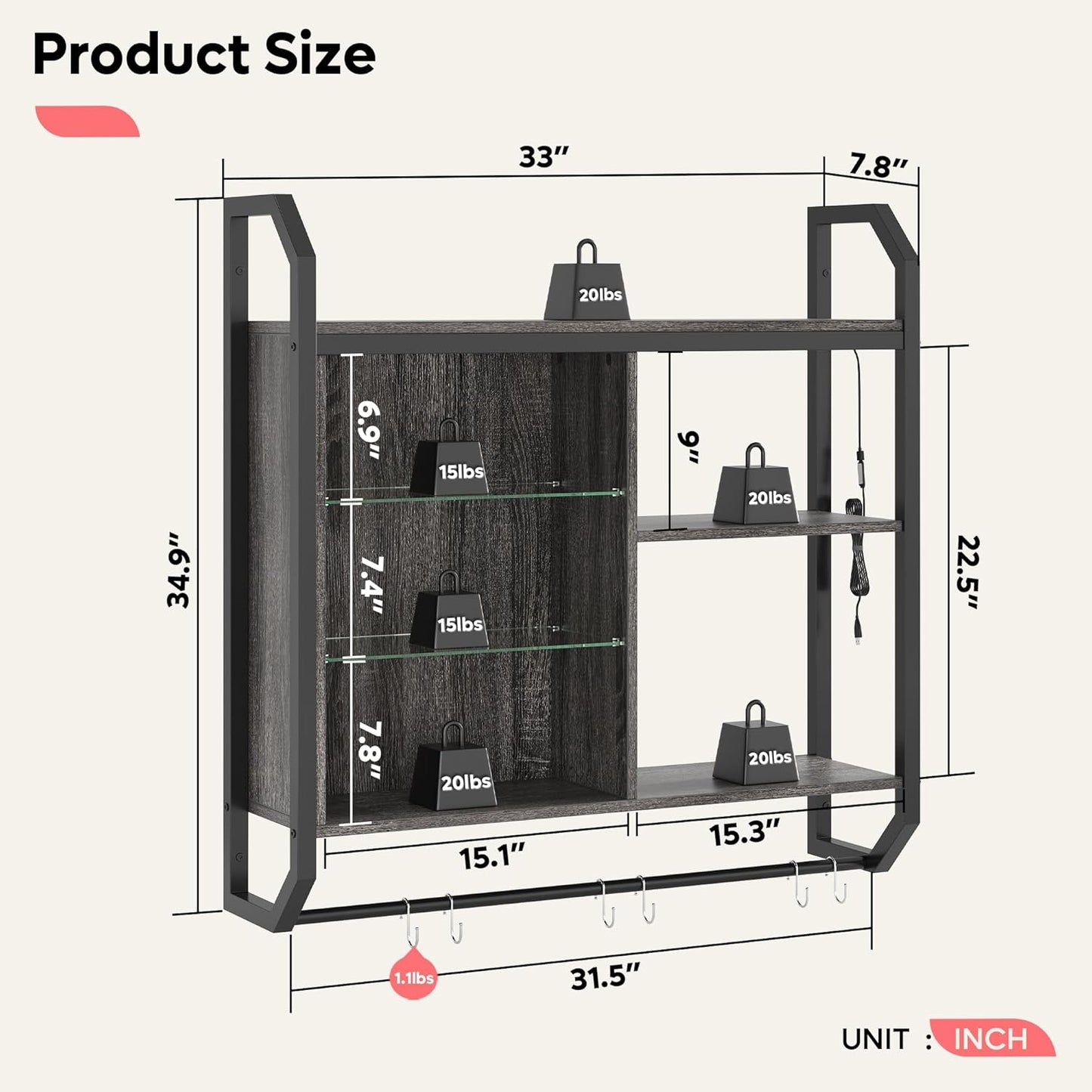 Bestier Gaming Floating Shelves, 34" LED Wall Mounted Shelf with Adjustable Glass Shelf, Pipe Shelves Hanging Display Rack Bookshelf with 6 S-Hook, Gaming Room Decor Wine Coffee Bar Black