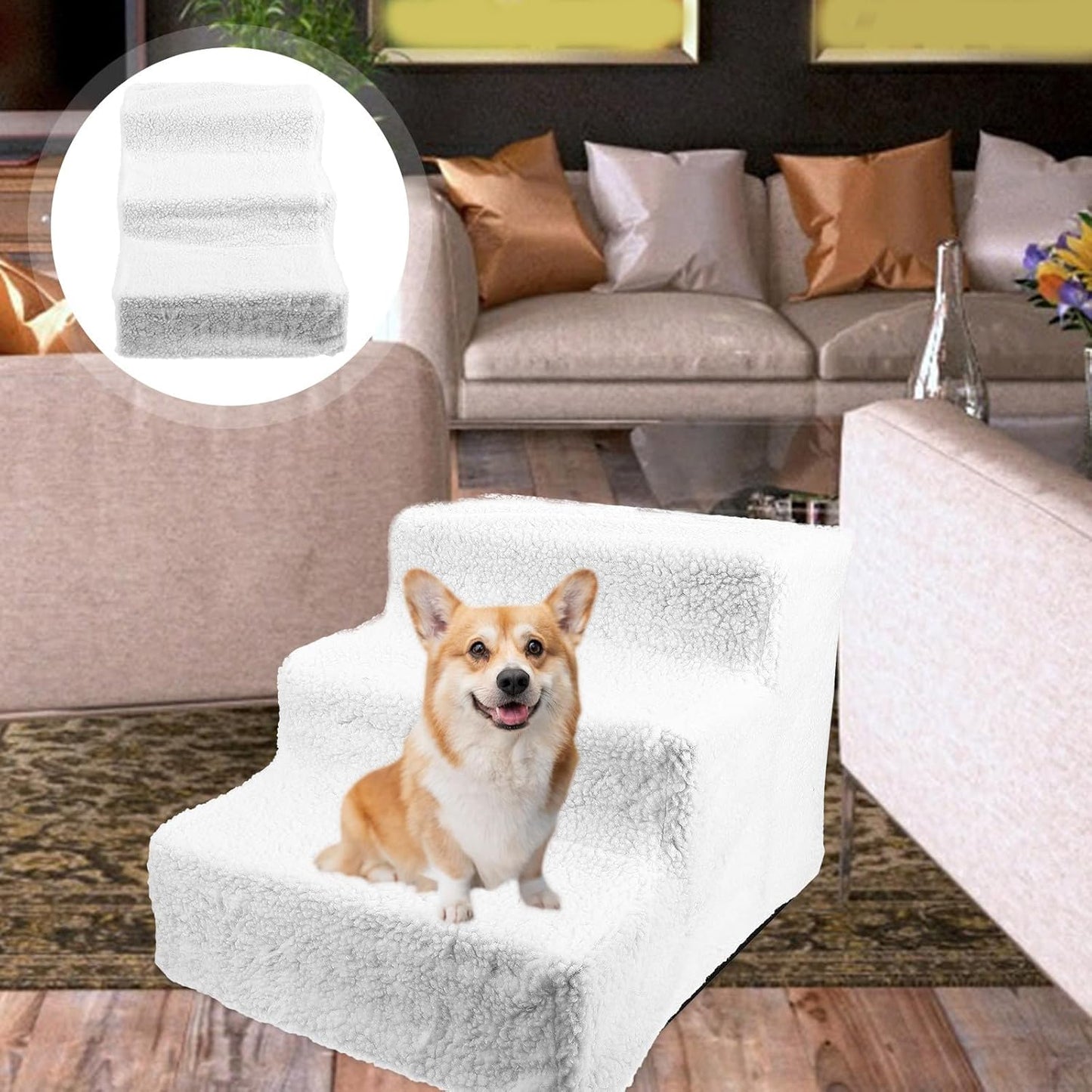 FAVOMOTO Pet Ladder for Dogs and Cats, Non-Slip Puppy Stair with White Modular Steps, Indoor Small Animal Climbing Ramp for Sofa and Bed Use