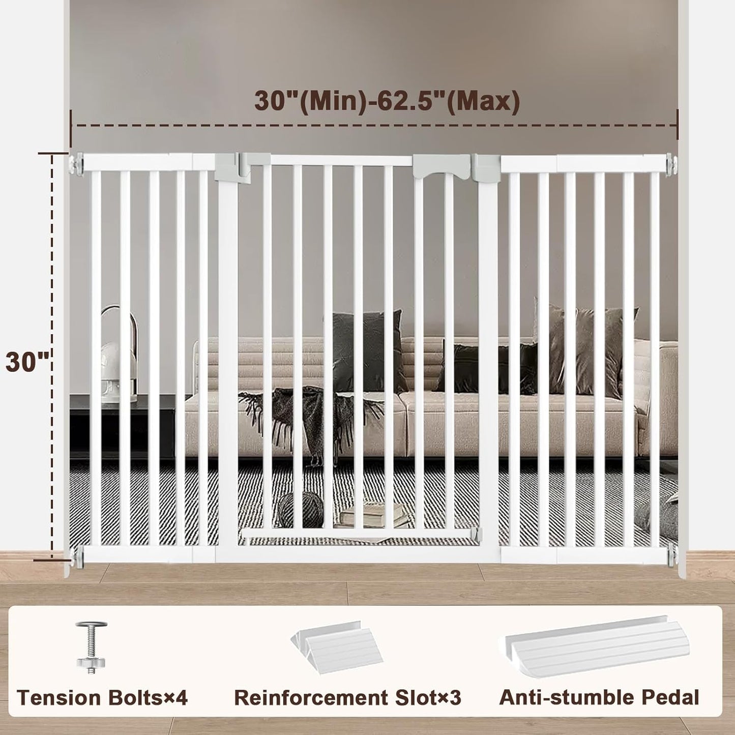 30"-62.5" Extra Wide Baby Gate for Doorways/Hallways,Pressure-Mounted Dog Gate Indoor for Stairs, Auto Close Pet Door for Child/pet Proof Safety, No Need Drilling, White