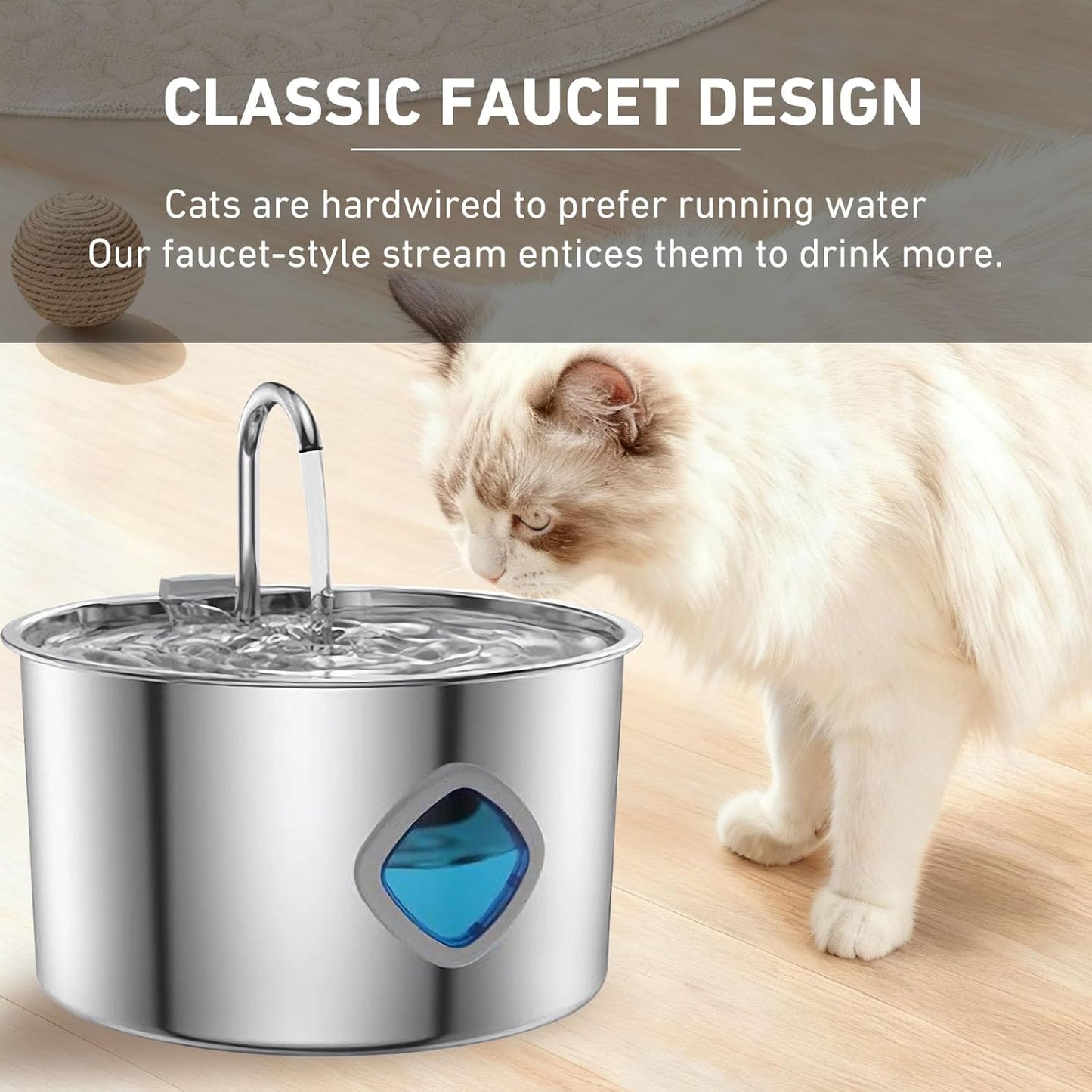 Cat Water Fountain Stainless Steel, 3.2L/108oz Pet Water Fountain for Cats & Small Dogs, Ultra-Quiet Indoor Drinking Fountain