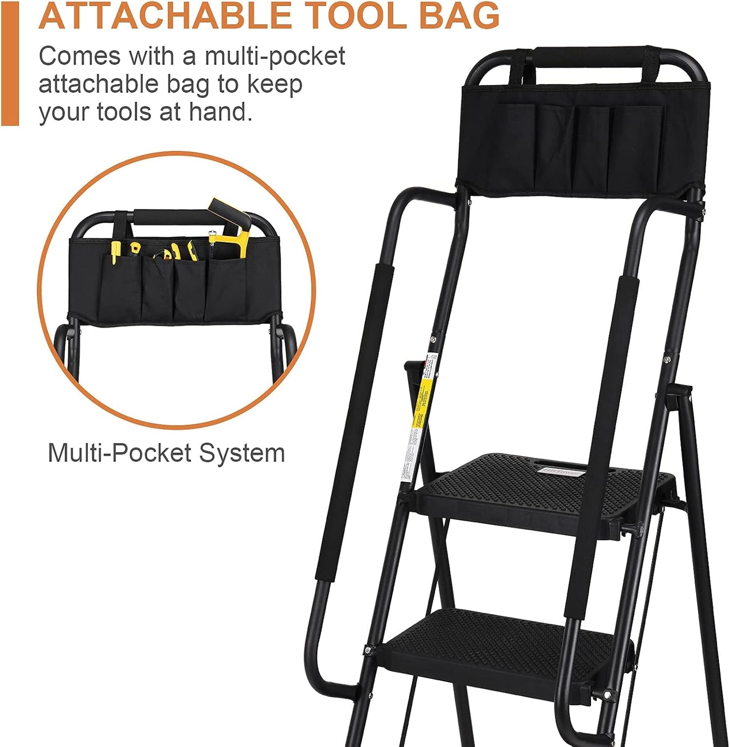 HBTower Step Ladder with Handrails, Folding Step Stool with Attachable Tool Bag & Anti-Slip Wide Pedal for Home Kitchen Pantry Office, Black