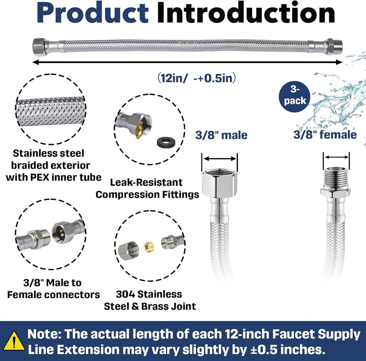 (3-Pack) Faucet Supply Line Extension, 12-Inch – 3/8" Male to 3/8" Female Compression, Stainless Steel Braided with PEX Inner Tube – Ideal for Bathroom, Kitchen, RV & Water Filter Systems