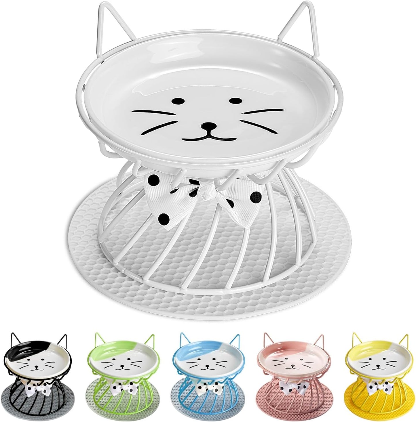 Elevated Cat Food Dishes, Whisker-Friendly Cat Plates with Metal Stand for Food and Water, Anti-Vomit, Non-Slip Feeding Station for Indoor Cats, Kitte