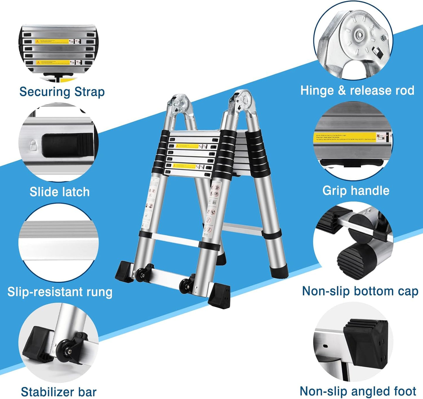 16.5 FT A Frame Telescoping Ladder, Adjustable Multi-Purpose Collapsible Extension w/Balance Bar & Wheels, Heavy Duty 330 lbs Max Capacity, Ideal for Home and Outdoor Work, Silver