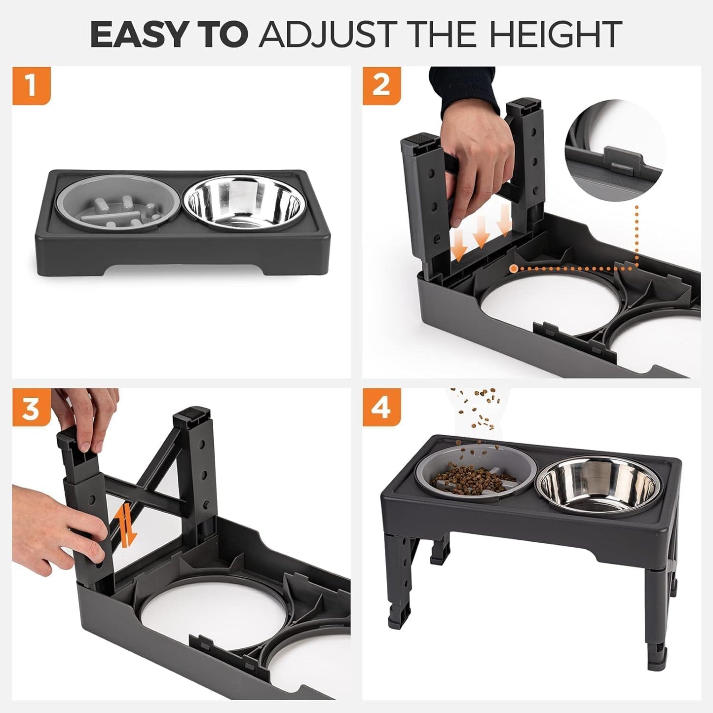 Omega Sun Elavated Dog Bowls, Raised Dog Bowls, 5 Adjustable Heights Raised Dog Bowl Stand with 2 Stainless Steel Dog Food Bowls with 2 Stainless Steel for Dog and pet Feeder for All Breeds
