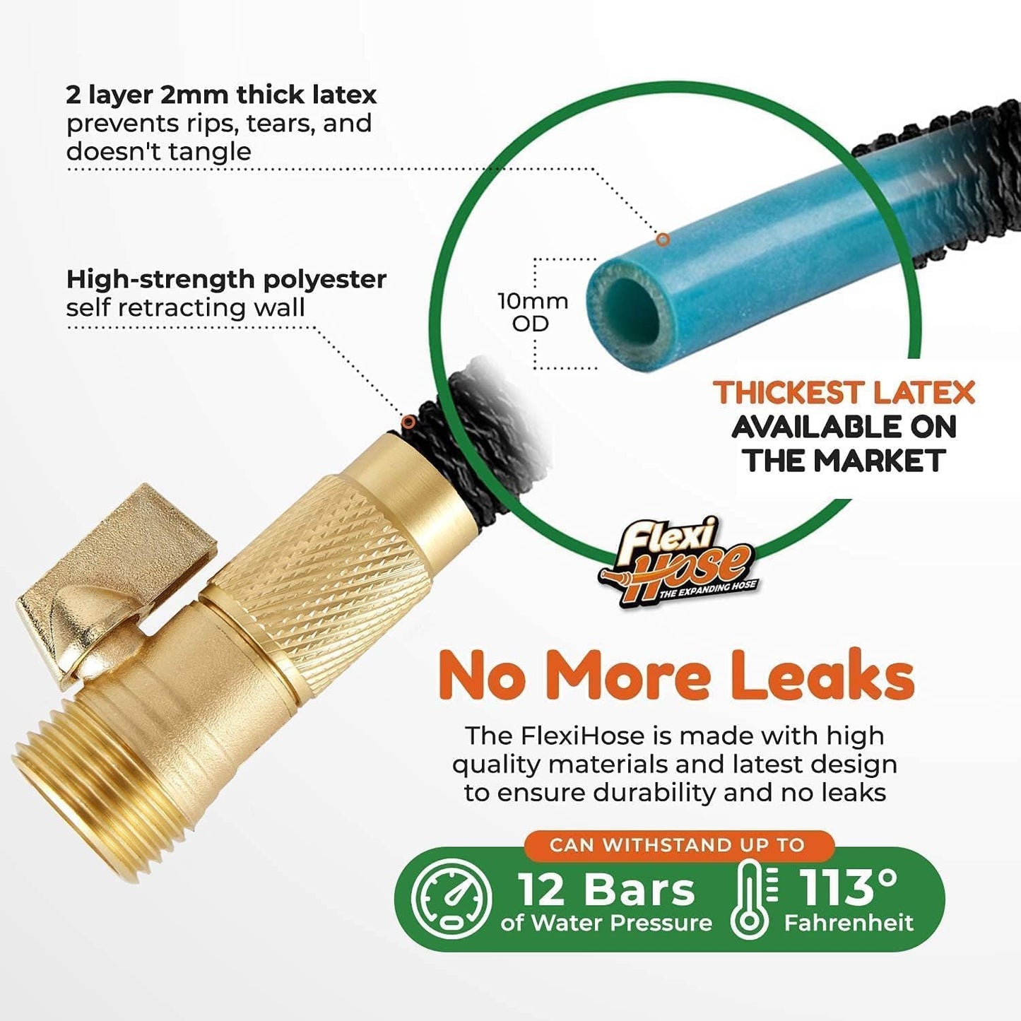 Flexi Hose Plus Expandable Garden Hose with 8 Function Nozzle, 50FT - Lightweight Retractable Garden Hose, Water Hose - No-Kink Flexibility, 3/4 Inch Solid Brass Fittings Includes Hook & Bag