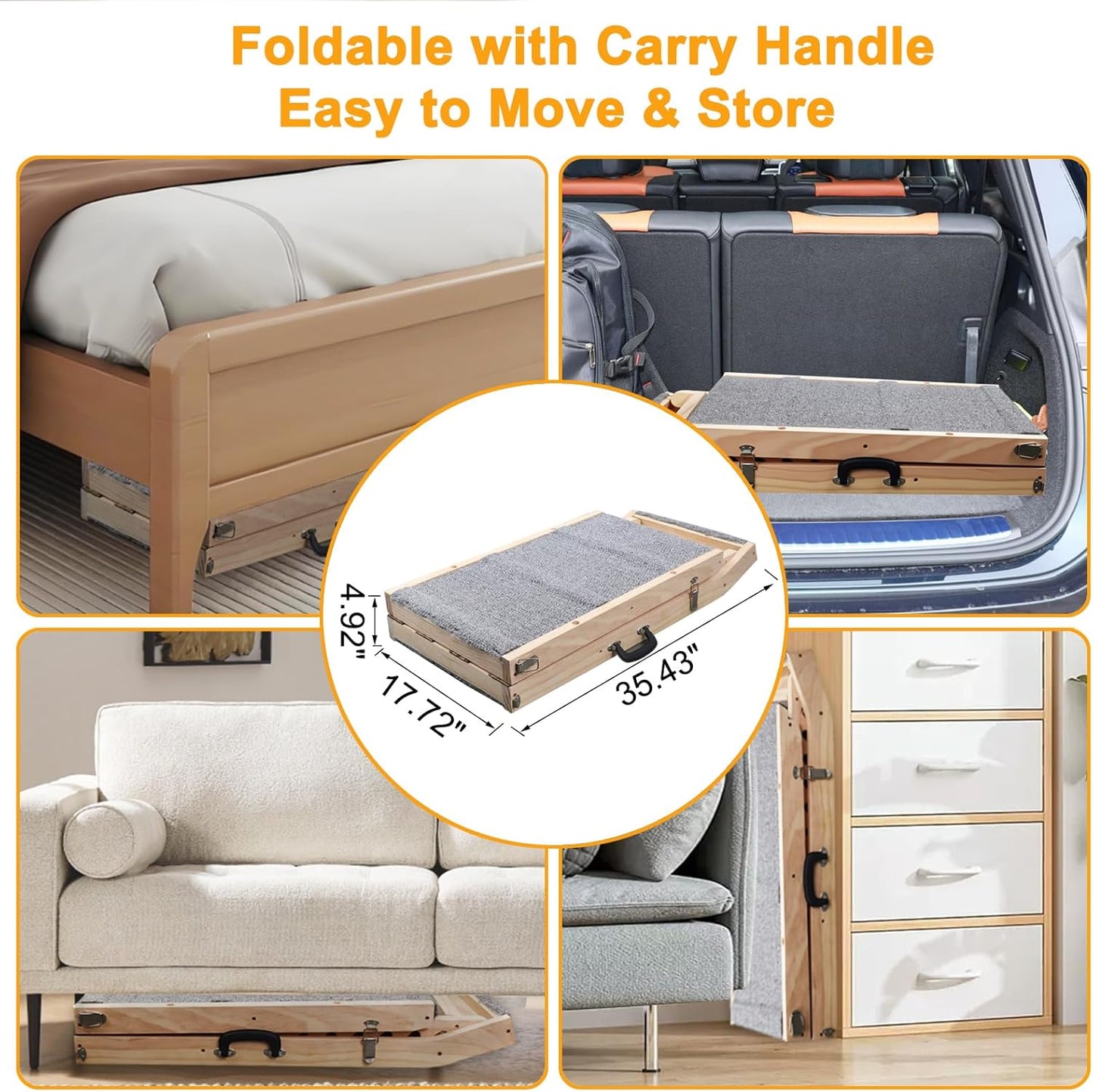 Dog Ramp for Bed, Couch & Car – Adjustable Foldable Pet Ramp, 64.17" Long, 17.72" Wide, Non-Slip Surface with Safety Rails, 8 Heights 20.08"-28.35", Supports 220 lbs, Solid Wood (Gray, 17.72)