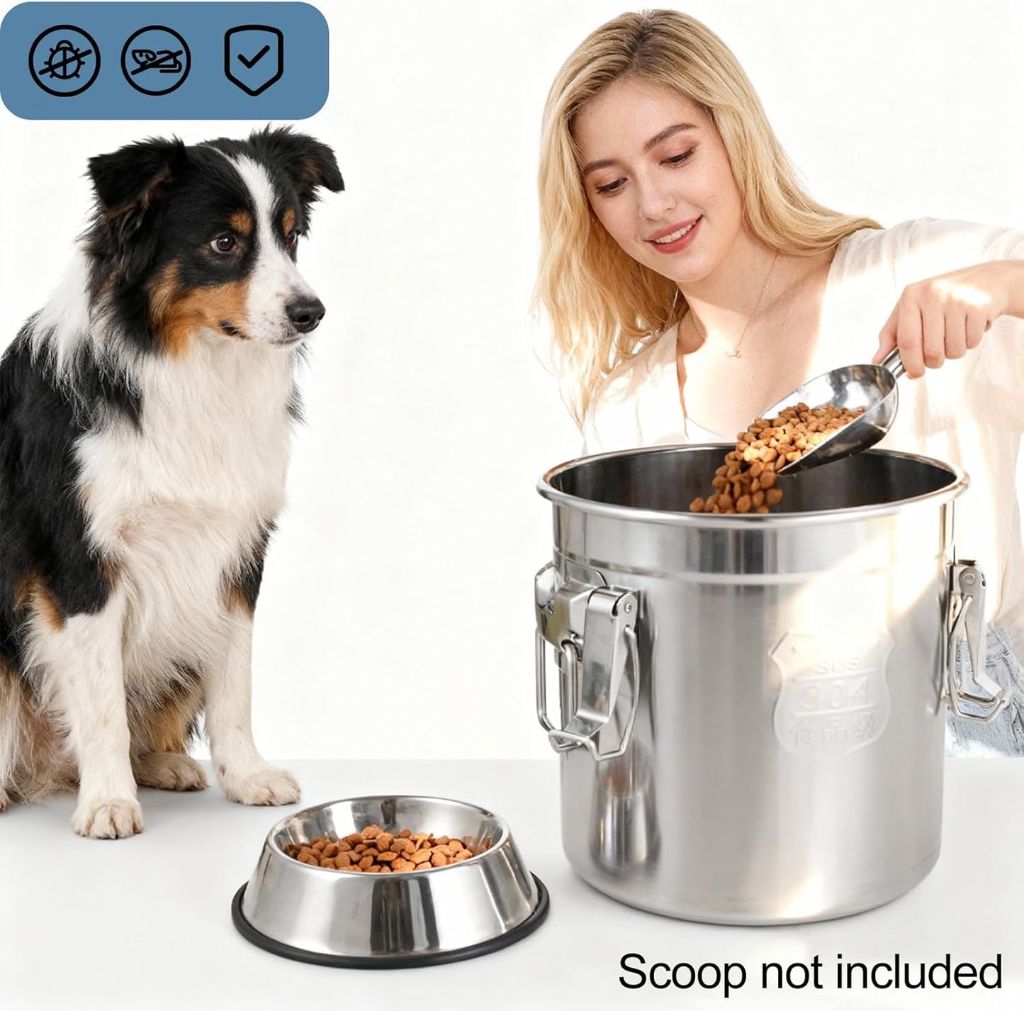 304 Stainless Steel Dog Food Storage Containers with Airtight Lid and Locking Clamp, Fits up to 12Lbs, Large Pet Food Storage Container Metal Pet Food Bin for Dogs, Cats & Birds Seed, Keep Fresh