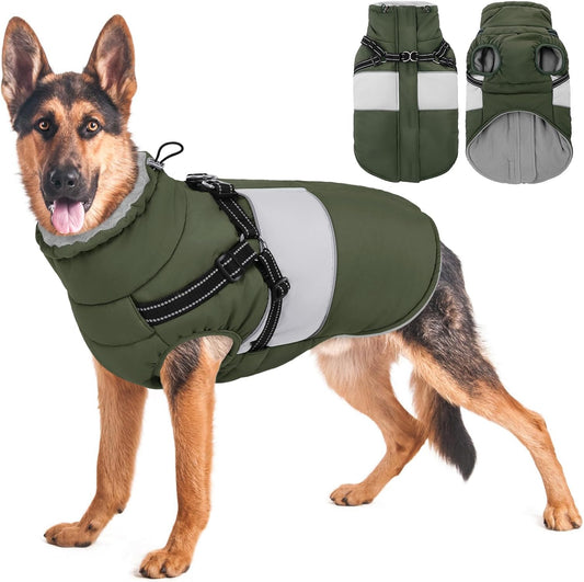KOESON Dog Coat, Windproof Dog Winter Coat with Harness Built in for Extra Large Dogs, Waterproof Reflective Pet Snow Jacket with Warm Fleece Lining for German Shepherd, Labrador Retriever