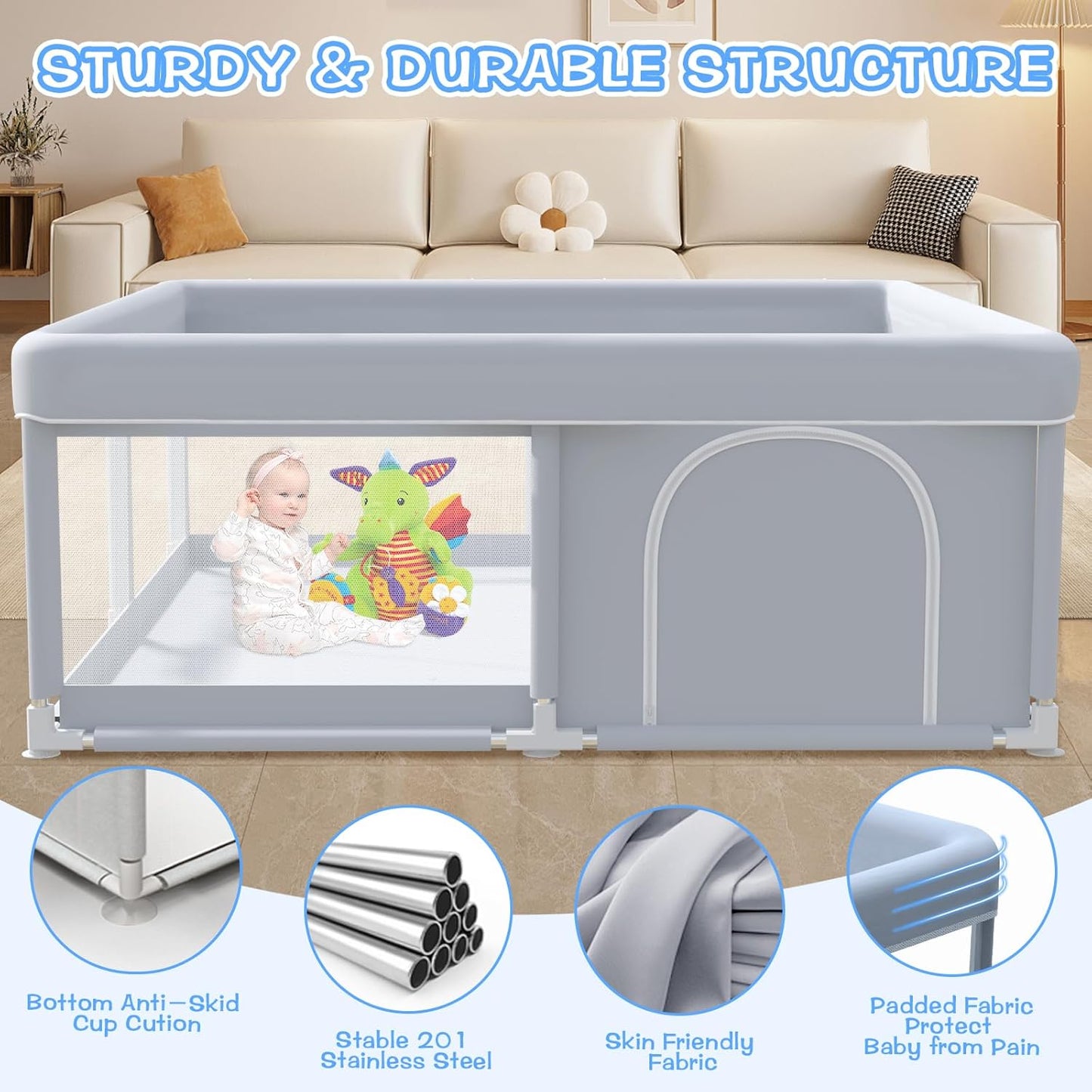 Baby Playpen 50 x 50 Inch Play Pen Playards, Playpen for Babies and Toddlers, Baby Playard for Indoor & Outdoor Active Center Game Fence, with Skin-Friendly Fabric and Soft Breathable Mesh Grey