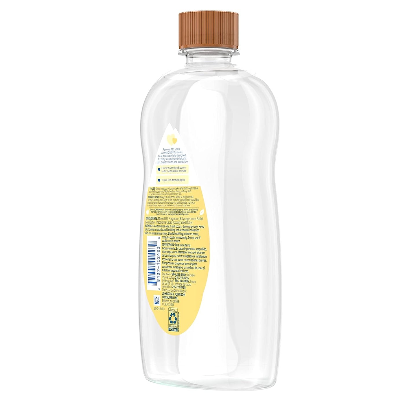 Johnson's Baby Oil, Mineral Oil Enriched with Shea & Cocoa Butter to Prevent Moisture Loss, Hypoallergenic, 20 fl. oz