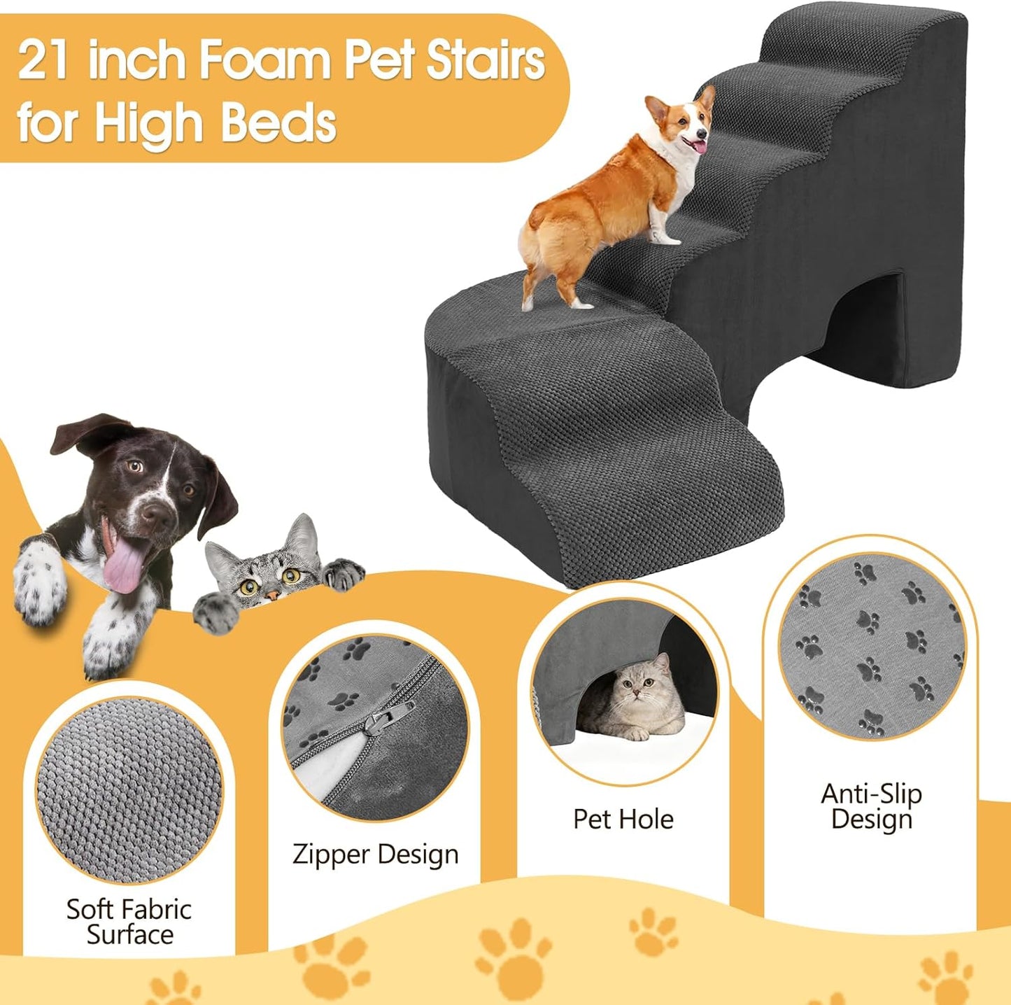 Dog Stairs for High Beds, 6 Steps Soft Foam Pet Stairs for Bed 27-30 inches, L Shaped Dog Steps, Non-Slip Sturdy Pet Stairs, 30D Foam Doggie Ramp for Small/Large Dogs/Old Cats