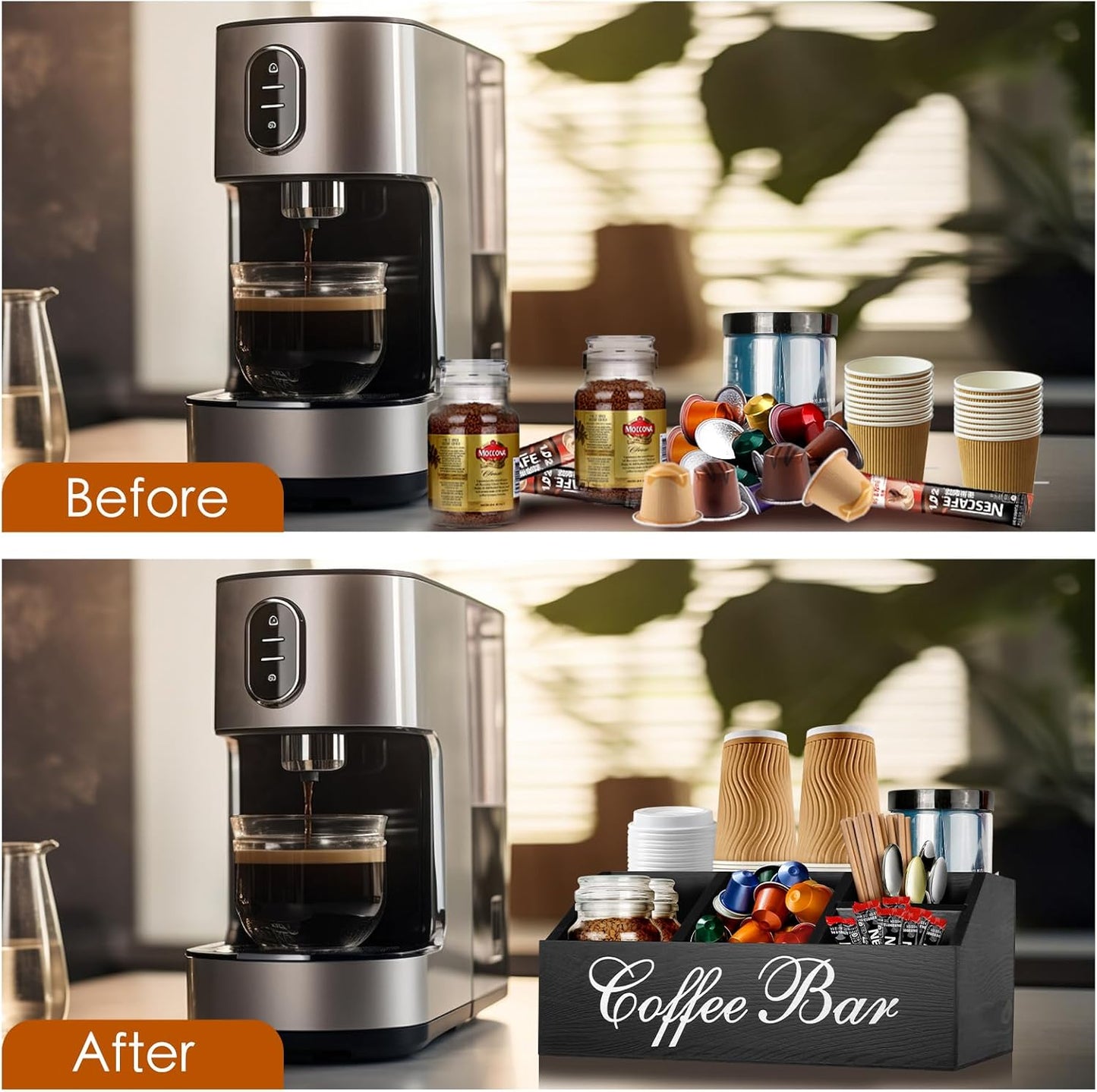 Coffee Station Organizer Pods Holder for Counter, Farmhouse Wood Coffee Bar Accessories and Tea Condiment Basket Storage Organizer Decor