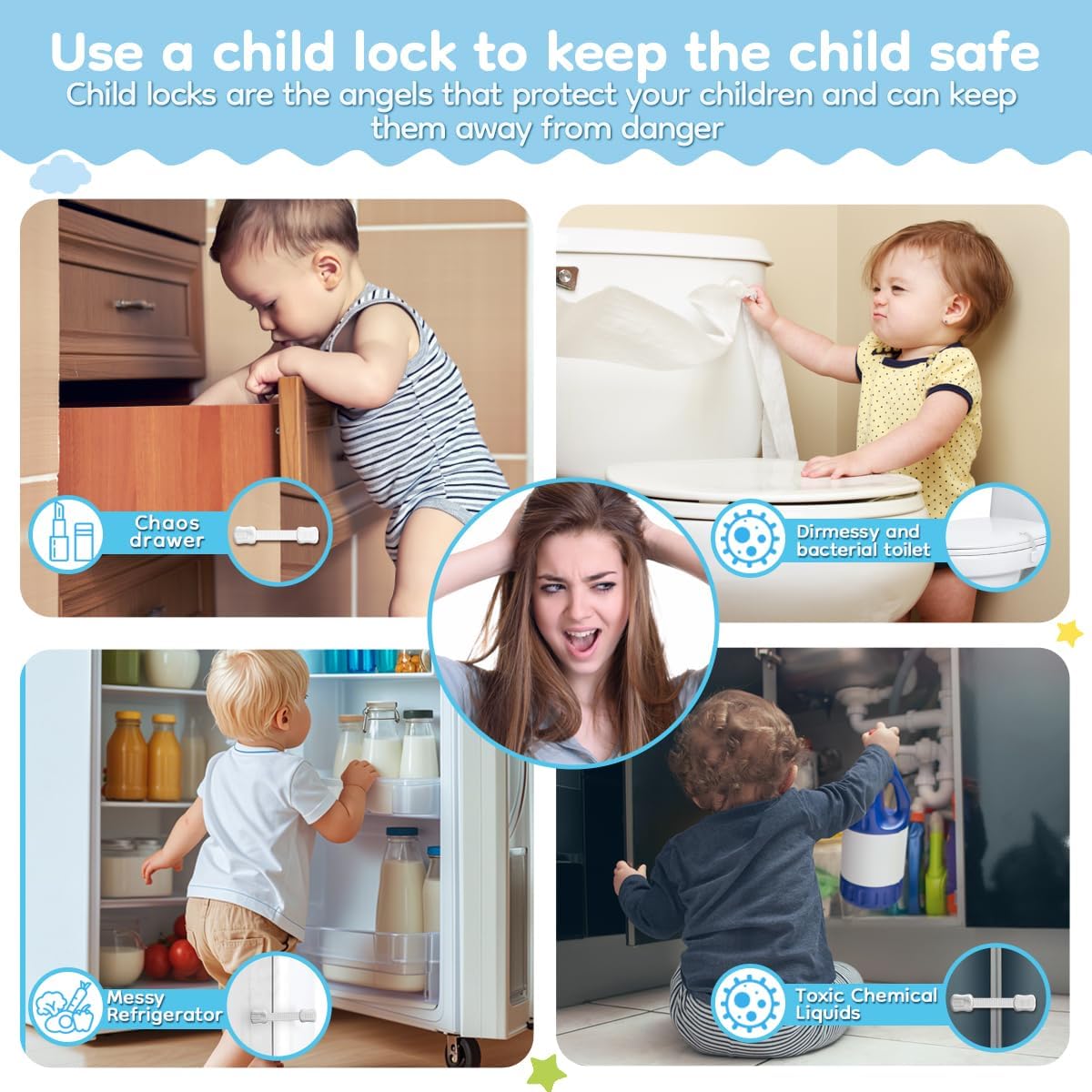 8-Pack Cabinet Locks Baby Proofing - Syican Child Proof Drawer Locks, Multi-Purpose for Drawers, Fridge, Toilet Seat, Trash Can, Ideal Stocking Stuffers, White