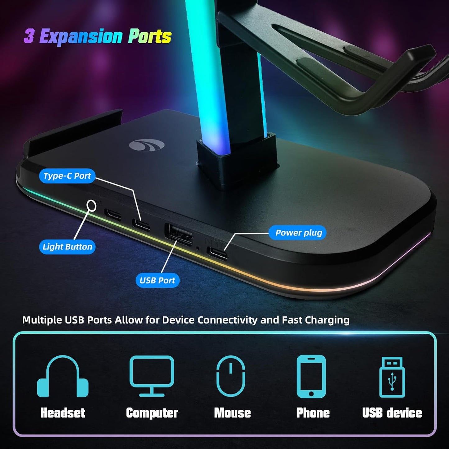 VCOM RGB Gaming Headphones Stand with 10 Light Modes, 4 Controller Holder with 1 USB & 2 Type-C Charging Ports,Headset Stand Suitable for All Earphone Accessories, Best Gift for Desk Gamers