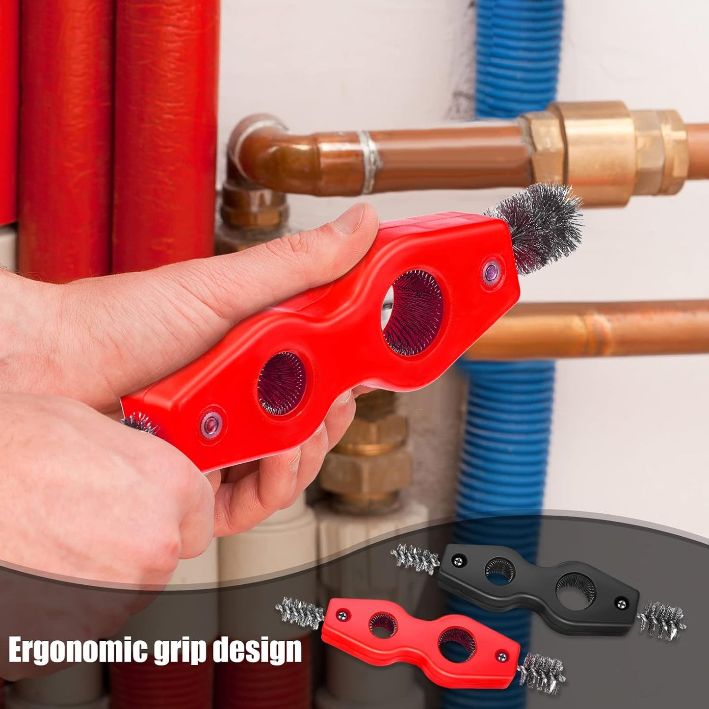 Honoson 4 Pcs 4-in-1 Copper Pipe Cleaner, 1/2 in & 3/4 in Copper Tubing Brush Inner & Outer Thread Cleaner Plumber Deburring Brushs for Plumbing Installation, Soldering, Brazing(Black, Red)