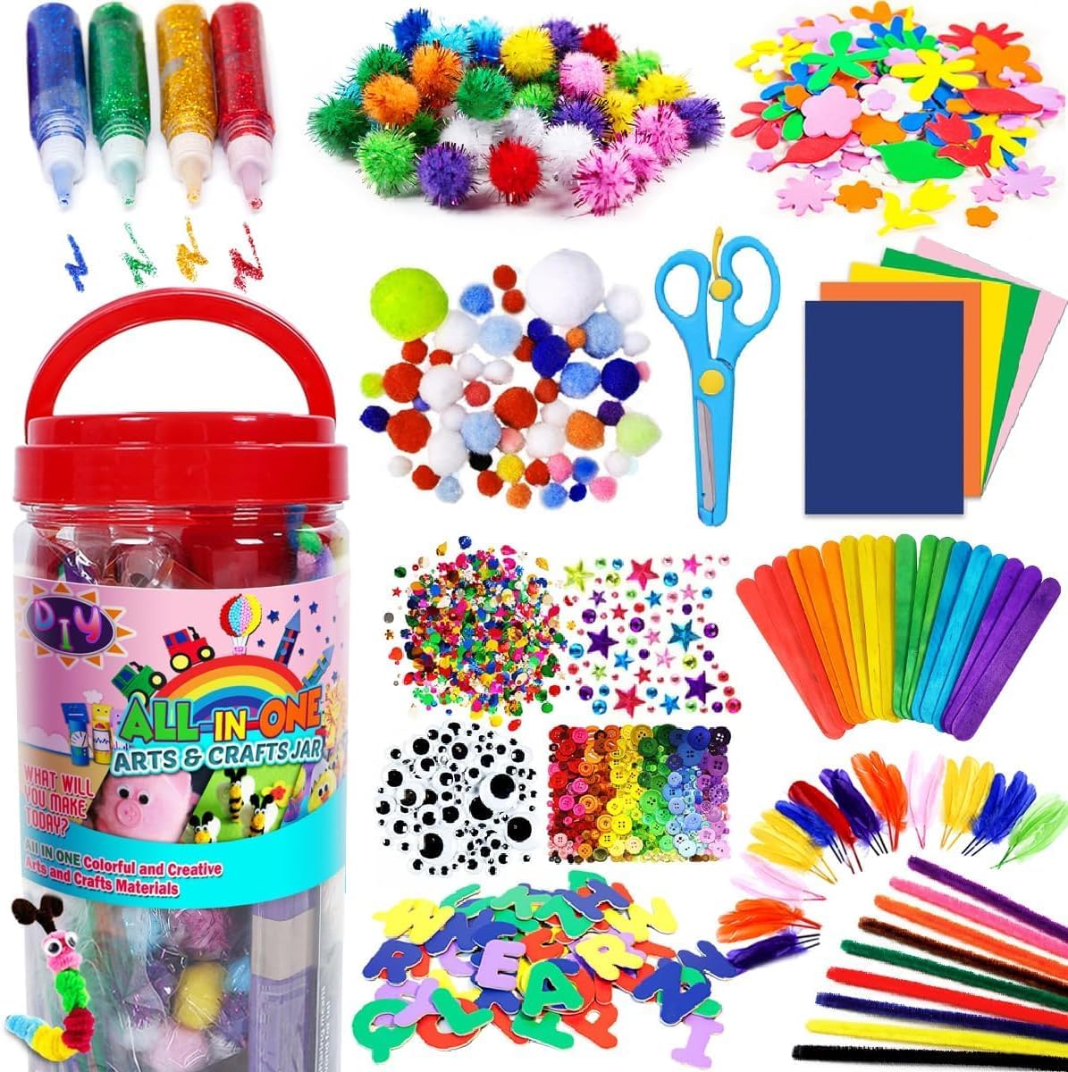 FUNZBO Arts and Crafts Supplies for Kids-Easter Craft Kit with Glitter Glue Stick,Pipe Cleaners Pom Poms Craft Tools,DIY School Supplies Kit, Girls Toys, Birathday Gifts for Girls Boys Age 4+