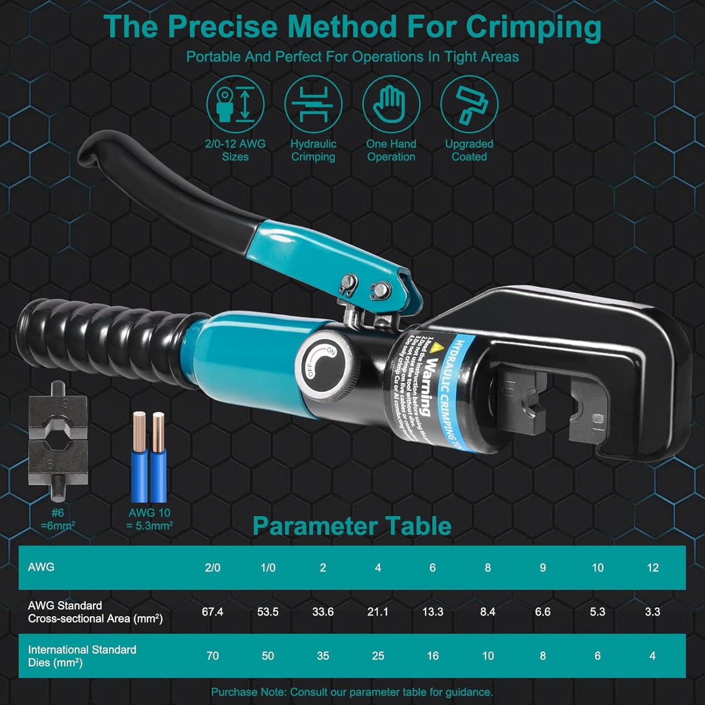 10 Tons Hydraulic Crimping Tool with 9 Dies - Battery Cable Crimper Tool & Wire Rope Crimping Tool for 12 to 2/0 AWG, 1/16" 1/8" 3/16" Stainless Steel Cable Railing Tool