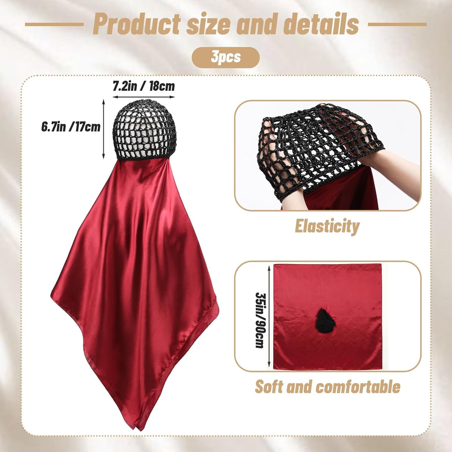 3 Pcs Wrap Hair Net with Scarf, Easy-to-use Head Wrap for Silk Press & Nighttime Care, Ideal for Styling, Sleep & Shower Cap(Classic Minimalist,Red Black Green)