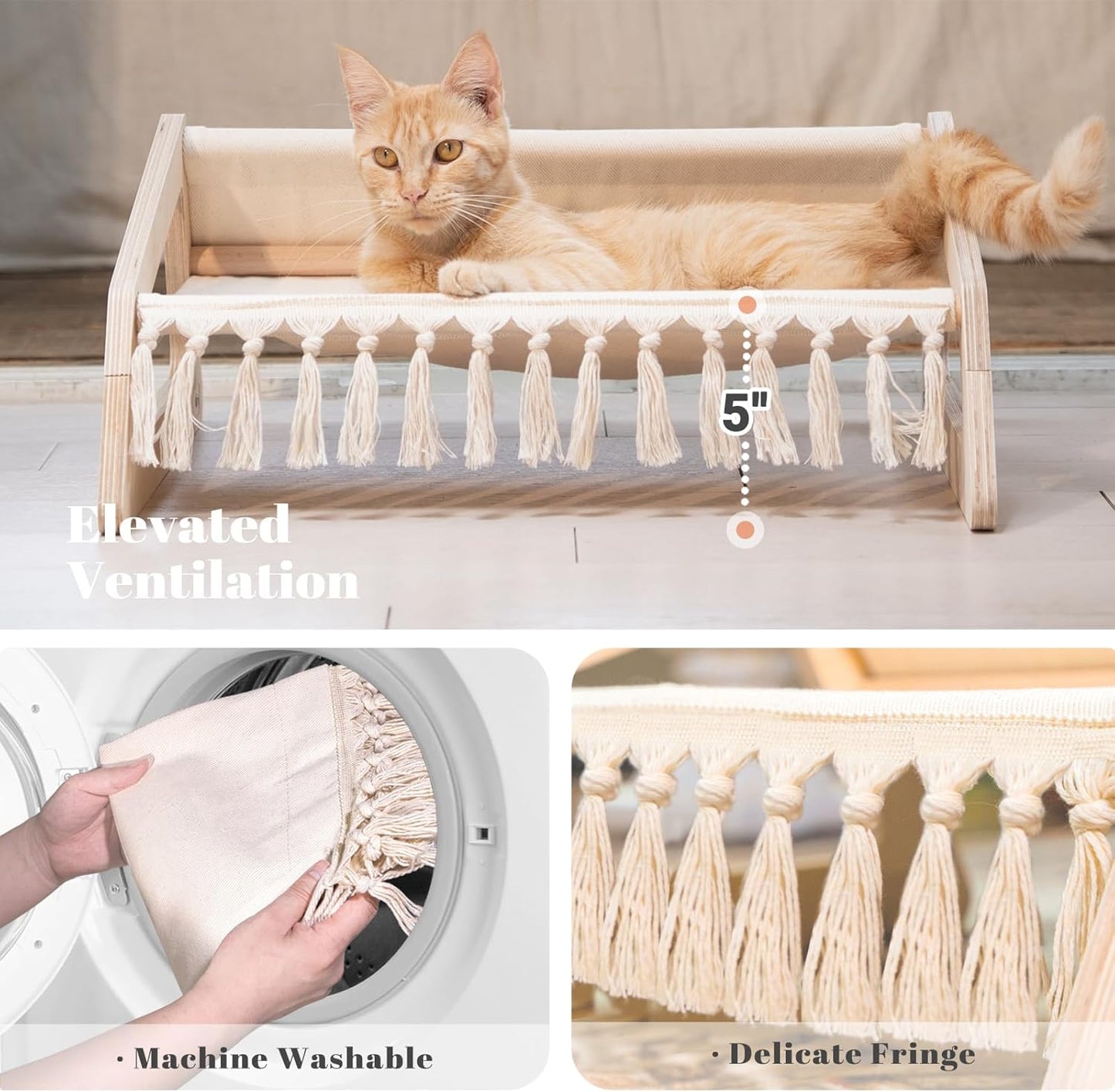 CHEERHOME PETS Cat Hammock Bed with Removable Washable Cover, Pet Couch Sofa for Indoor Cats Elevated Kitty Lounge Chair Suitable for Puppy, Wooden Cat Furniture(Large)