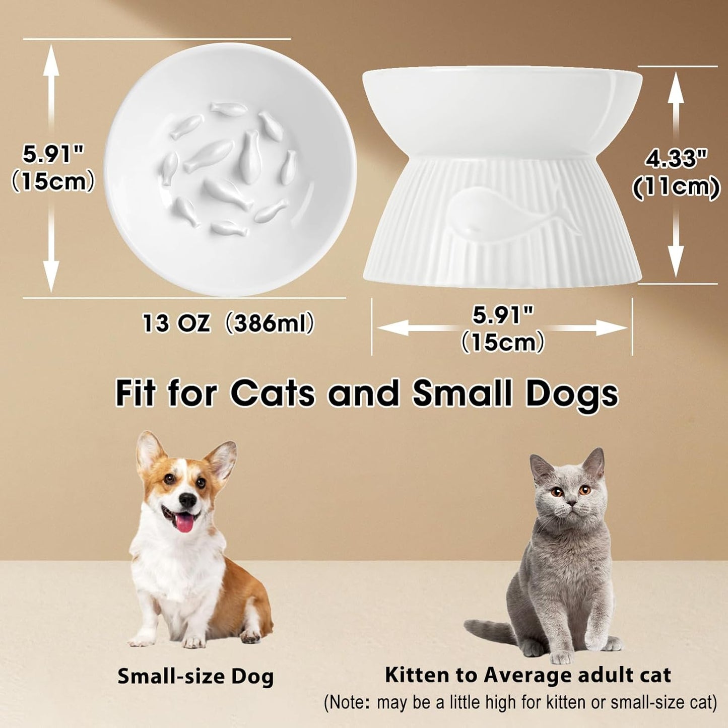 Raised Cat Slow Feeder, Ceramic Slow Feeder Cat Bowl, Upgraded Ridges to Prevent Vomiting and Indigestion, No Spill High Edge for Dry/Wet Food, Heavy and Stable, Easy to Clean Pet Bowls