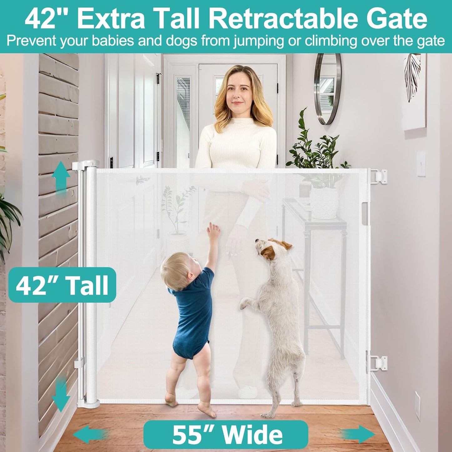 42 Inch Extra Tall Baby Gates for Doorways 55" Wide Retractable Dog Gate Indoor 3.5ft Extra Tall Baby Gates for Dogs Outdoor Retractable Gate for Stairs Prevent Kids/Pets from Jumping Over, White