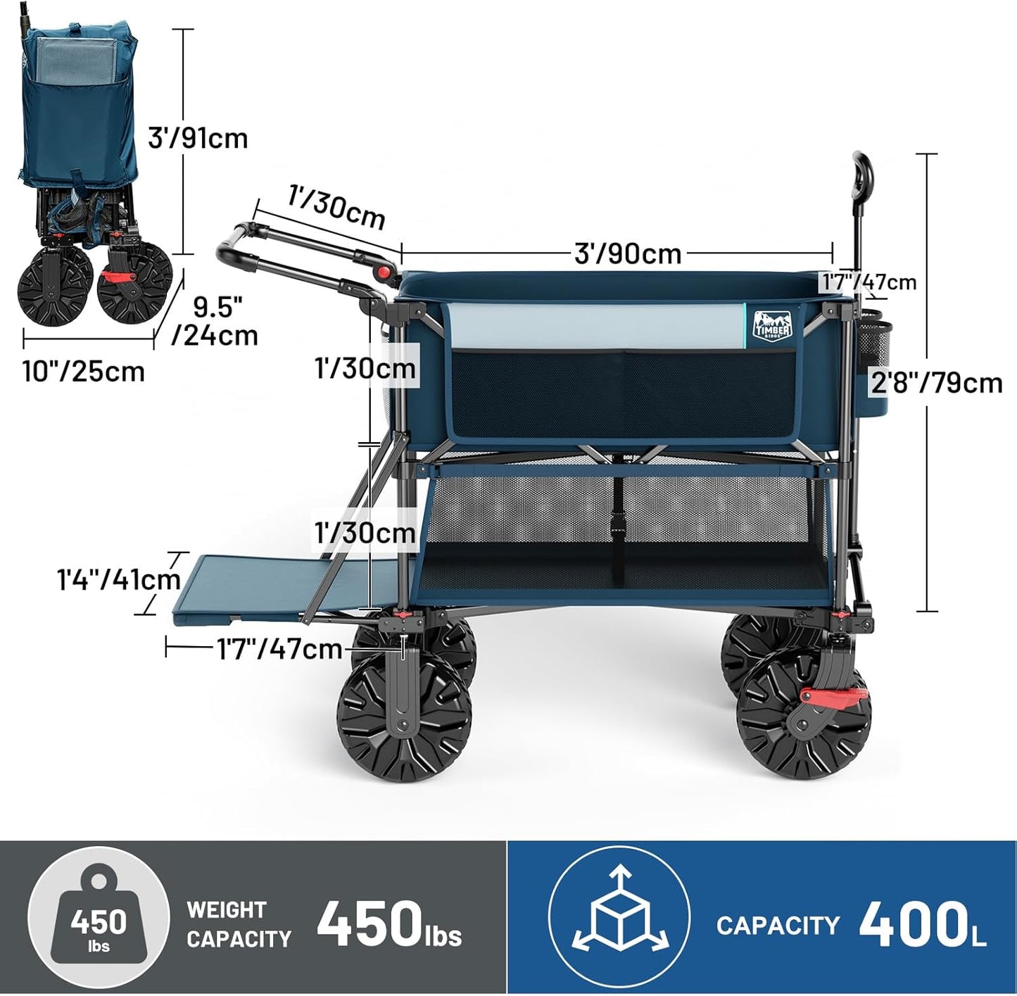 TIMBER RIDGE Push & Pull Double Decker Wagon, 400L Large Capacity Heavy Duty & 450lb Load, Collapsible Cart with All-Terrain Wheels & Brakes, 54” Extended Foldable for Sports, Beach, Camping, Blue
