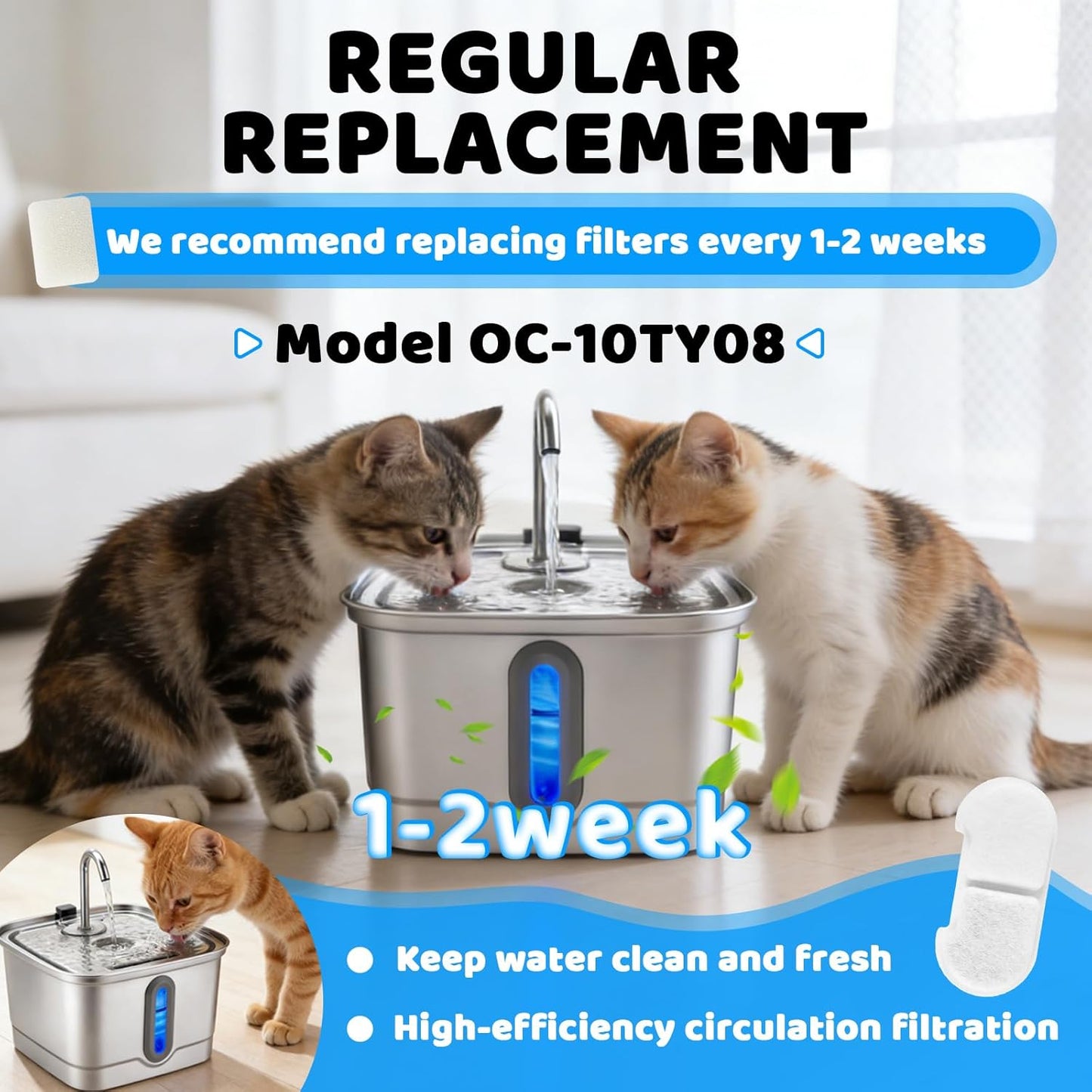 16+16 Pack Cat Water Fountain Filter Replacements Compatible with SEIRMEP 101oz/3L Stainless Steel Cat Water Fountain, Includes 16 Filters & 16 Pre-Filter Sponges
