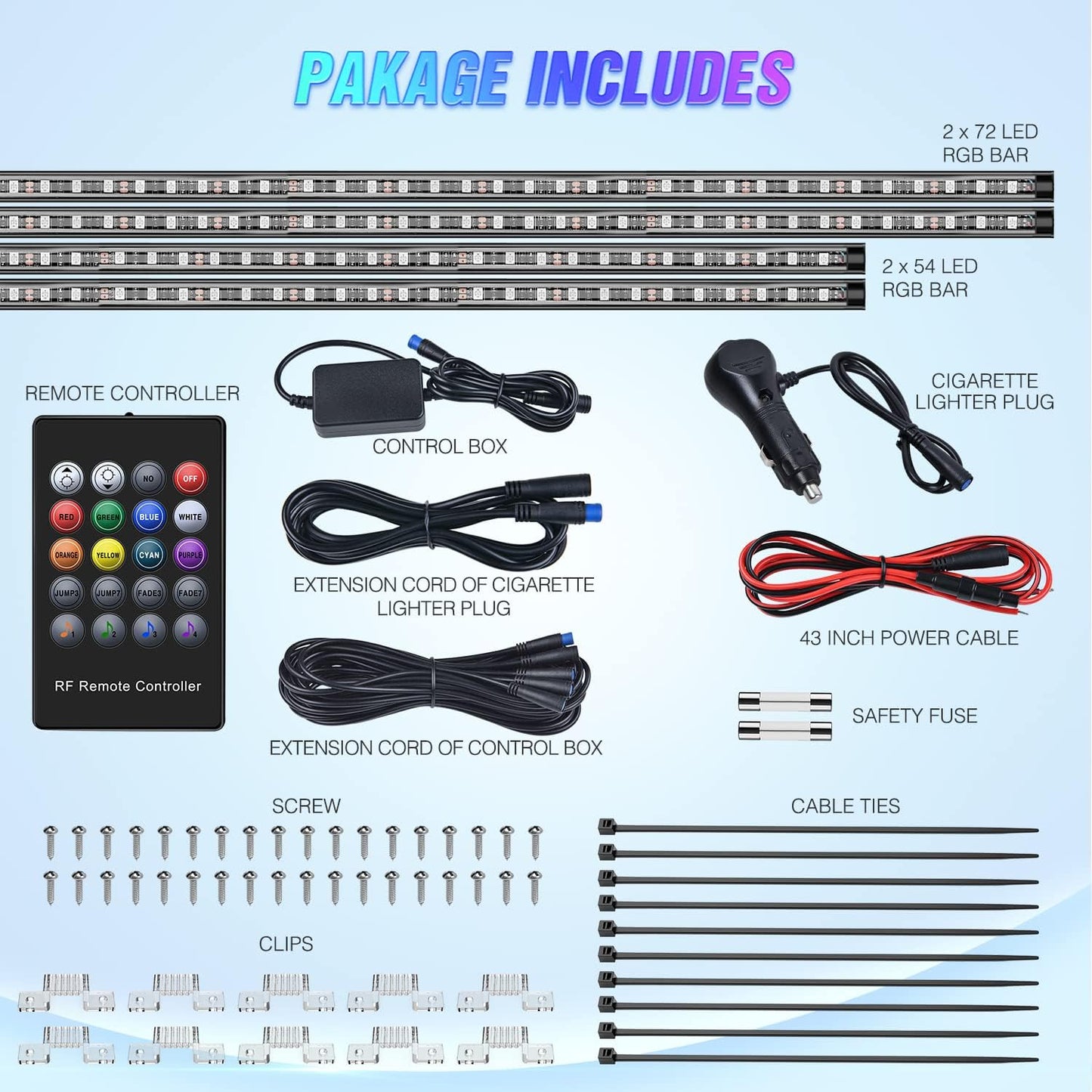 Nilight 4Pcs Car Underglow Neon Accent Strip Lights 252 LEDs RGB 8 Color Sound Active Function Music Mode with Wireless Remote Control Underbody Light Strips for Cars Van SUV Truck