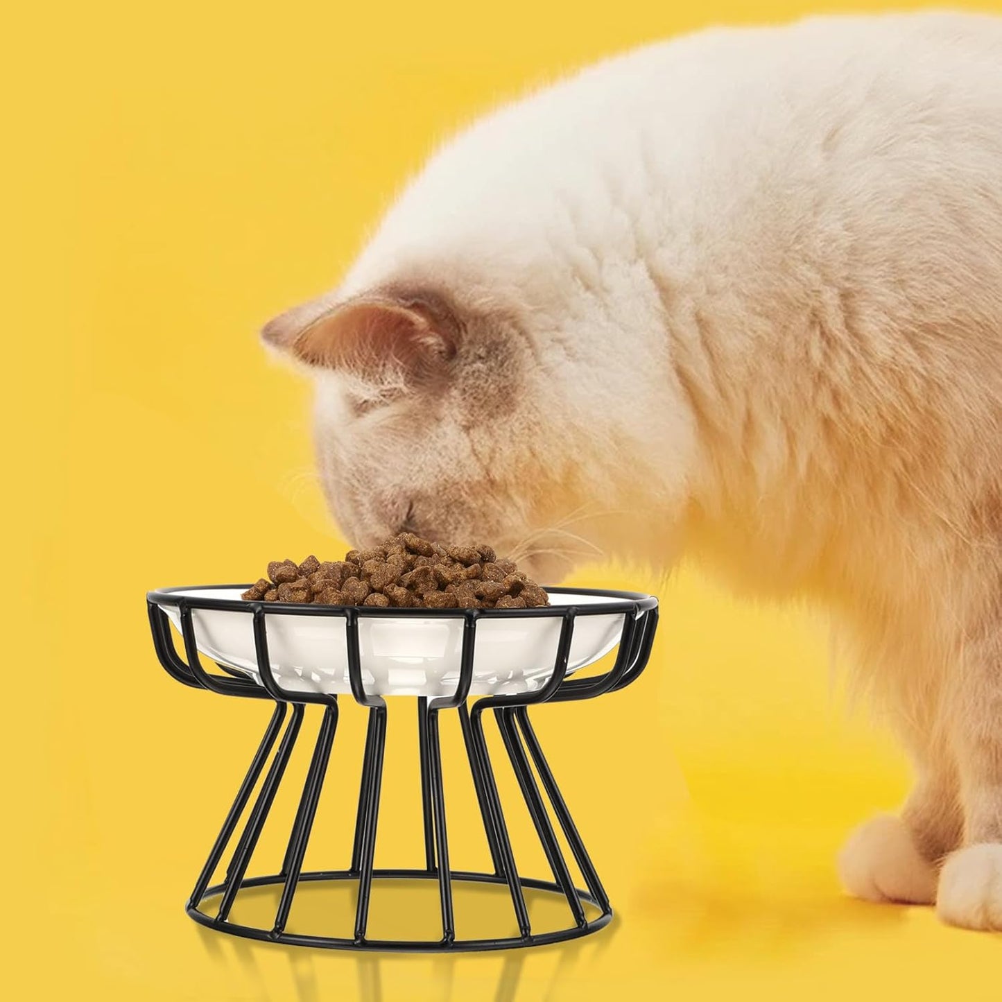 FAVOMOTO Ceramic Elevated Cat Food Bowl with High Base and Black Iron Stand, Whisker-Friendly Raised Pet Feeder for Cats and Kittens, Anti-tip Non-Slip Design for Indoor Feeding