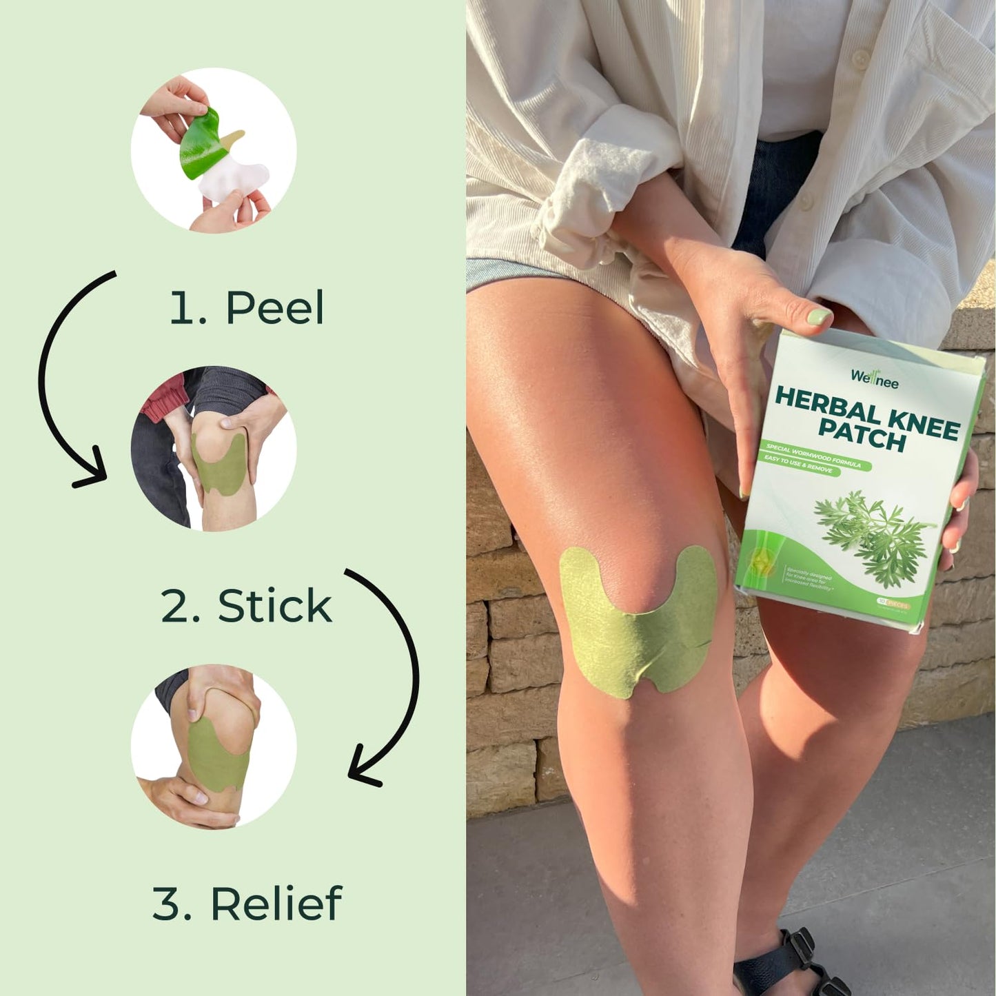 Wellnee Original Herbal Knee Patch - Wellknee Plaster for Knee Support & Muscle Pain - Maximum Strength for a Temporary Relief - Adhesive Heat Patches Made with Natural Herbs for Wellness (10 Pads (Pack of 1))