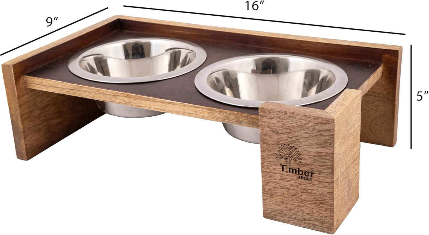 Elevated Dog Food and Water Bowls – Rustic Wood Stand with 2 Stainless Steel Bowls, 5-Inch Raised Pet Feeder, Durable Non-Slip Double Bowl Set for Medium & Large Dogs, Easy to Clean – (49.4 Oz Each)