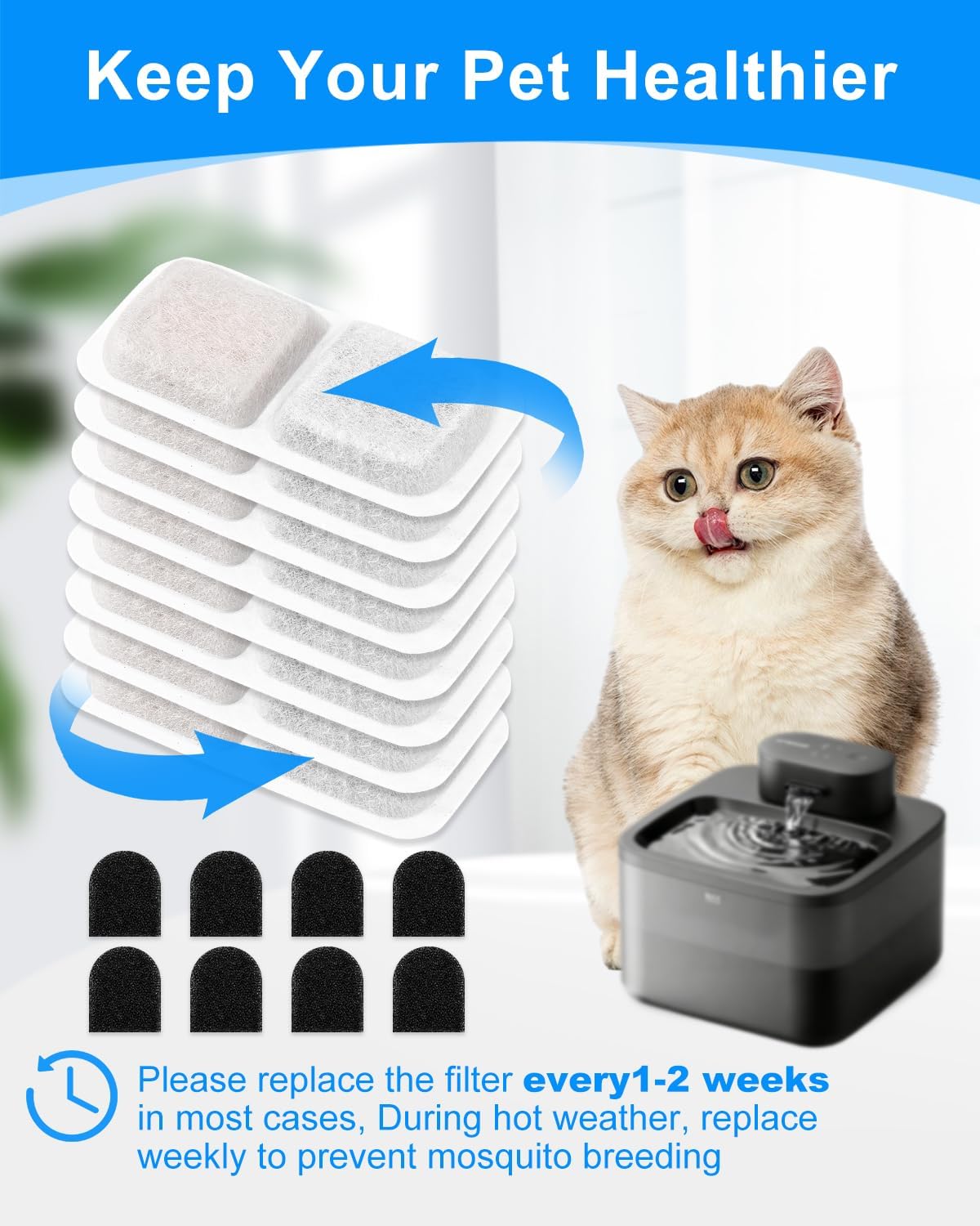 8+8 Pack Cat Fountain Filter Replacement Kit Compatible with oneisall 74oz/2.2L Pet Water Fountains for Cats and Dogs, Carbon Filters Fit for oneisall Fountain Keeping Pet Water Clean