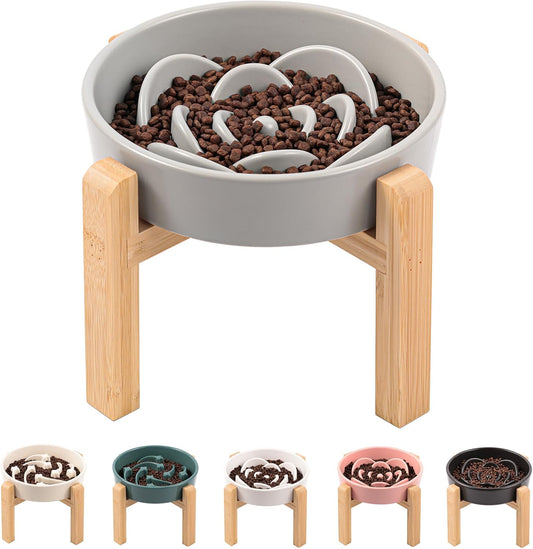 Grey Ceramic Dog Bowl Slow Feeder for Medium and Large Breed,Elevated/Raised 1.5 Cup 8.26 in Slow Feeding Bowl,Puzzle Dog Food Bowl for Fast Eater,Maze Dish for Fast Eater