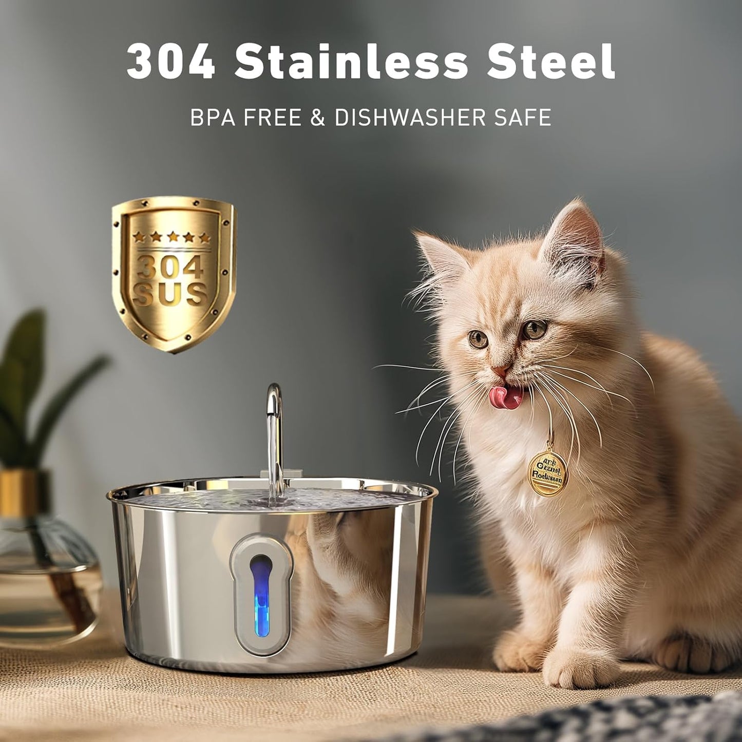 Stainless Steel Cat Water Fountain, 135oz/4L Automatic Pet Fountain Dog Water Dispenser with Ultra-Quiet Pump & 2 Replacement Filters & for Cats Inside, Dogs, Multiple Pets