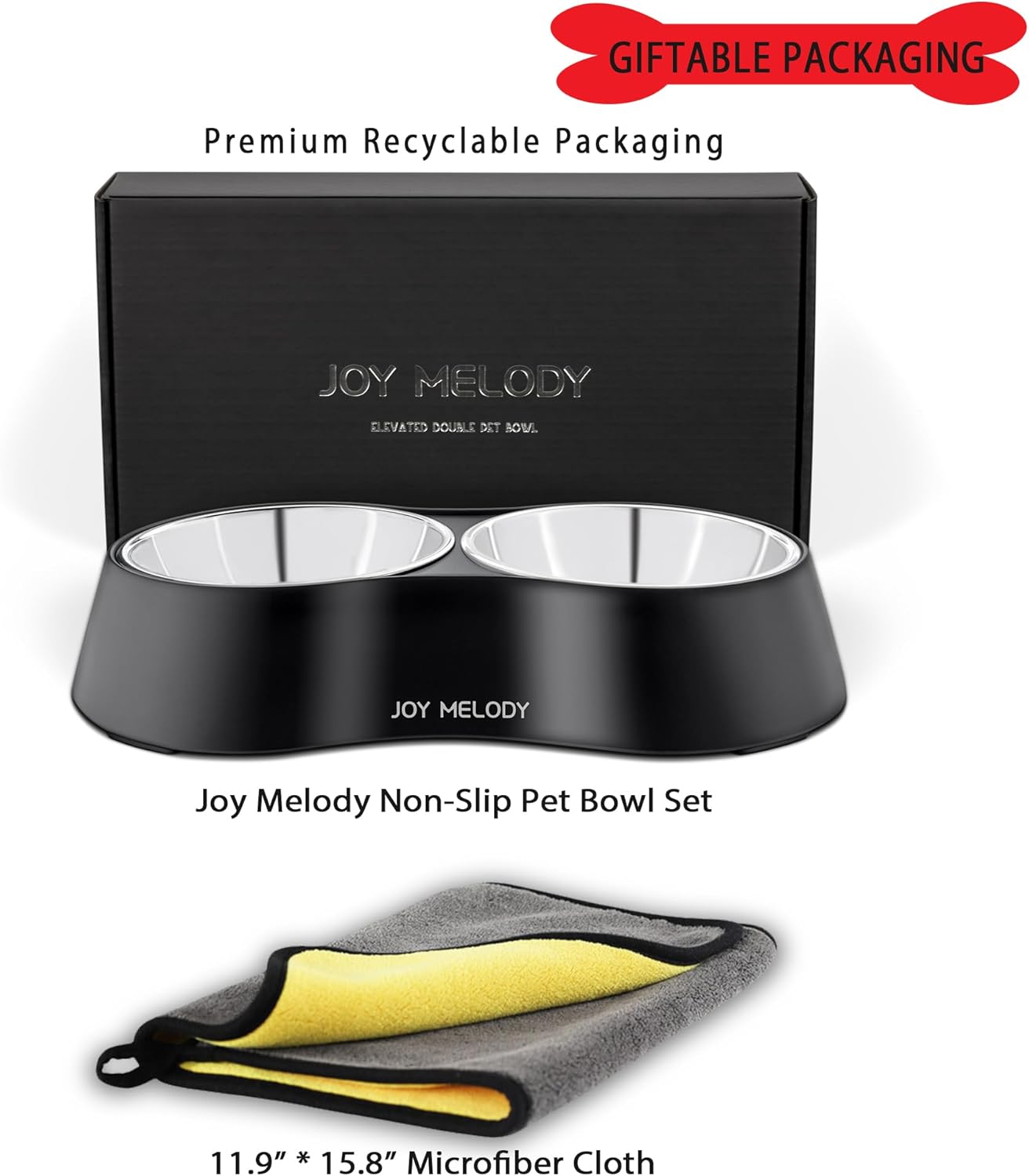 Joy Melody Non Slip Food and Water Bowl Set with Stand for Cat, Samll Dog, Rabbit, Stainless Steel Elevated Kitten Feeder, Anti Vomiting Dish for Puppy, Bunny, Dishwasher Safe, Whisker Fatigue