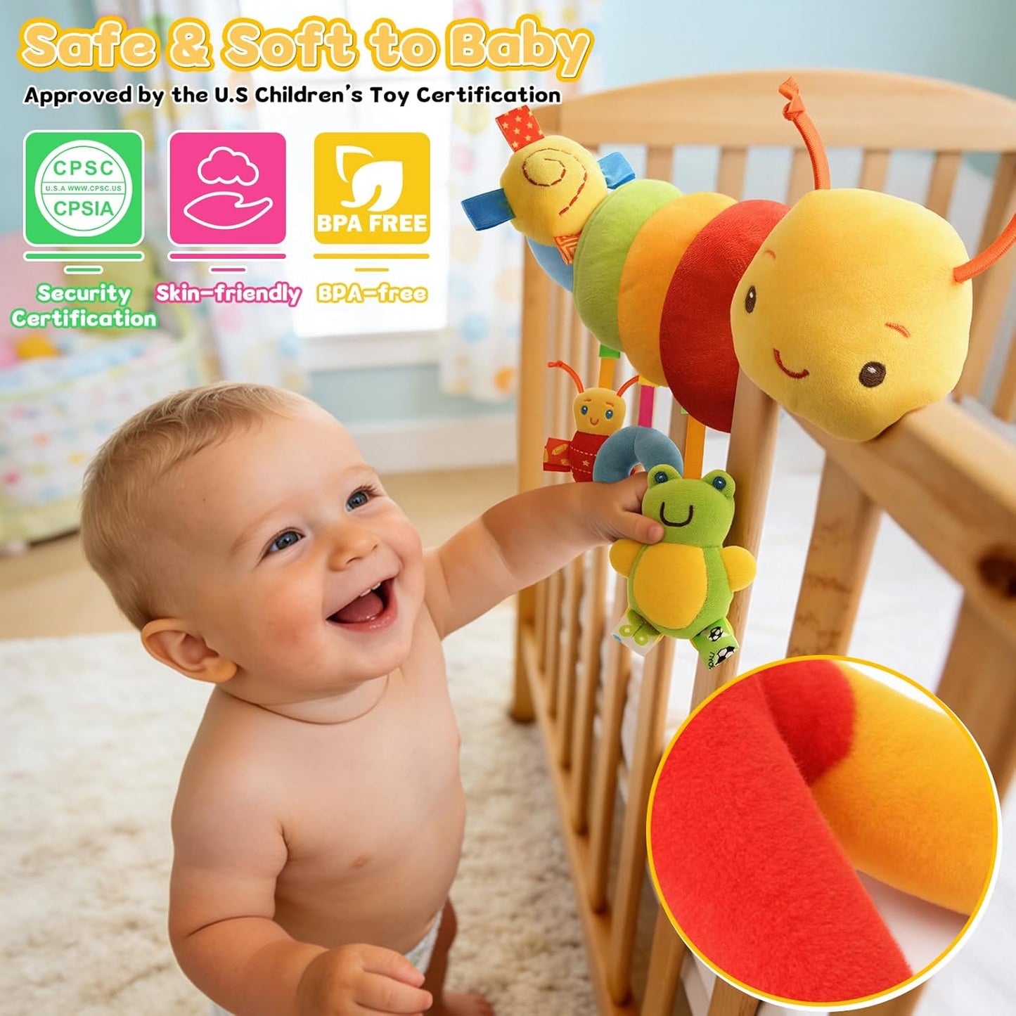 FPVERA Baby Crib Hanging Rattles Toys - Infant Baby Car Seat Around Rattle Toys Cartoon Insect Spiral Hanging Toy with Ringing Bell for Infants Bed Stroller Car Seat Bar for Babies Boys and Girls