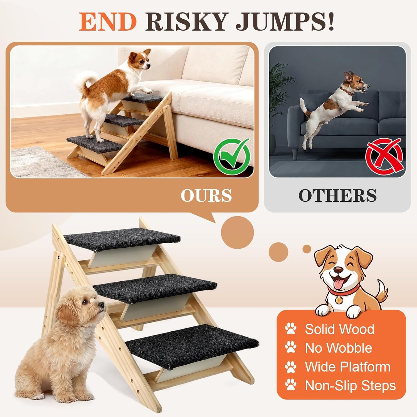 Dog Ramp, Durable Pet Stairs for High Beds, 2-in-1 Foldable Wooden Dog Steps for Couch and Car, Joint-Friendly Stairs for Senior Dogs, Non-Slip Carpeted Pet Steps with High-Weight Capacity