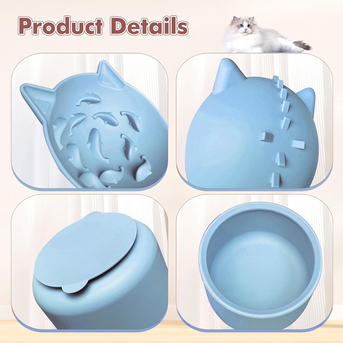 Silicone Slow Feeder Cat Bowl, Elevated Cat Slow Feeder with Suction Cups, Multi-Angle Tilt Design, No Black Chin, Suitable for Dry Wet Food (Light Blue)