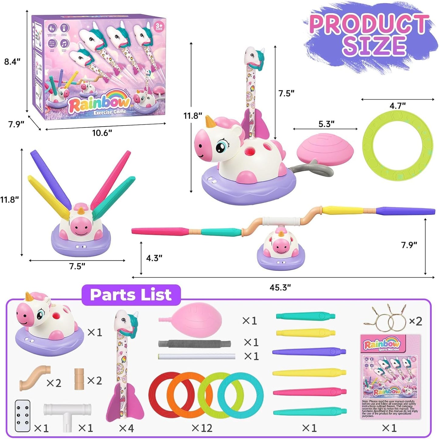 3 in 1 Unicorn Rocket Launcher, Ring Toss & Musical Jump, Outdoor Jumping Spinning Toy for Kids Ages 3-8, Indoor Active Play Set for Boys Girls, STEM Learning Birthday Gift for 3 4 5 6 7 8 Years Old