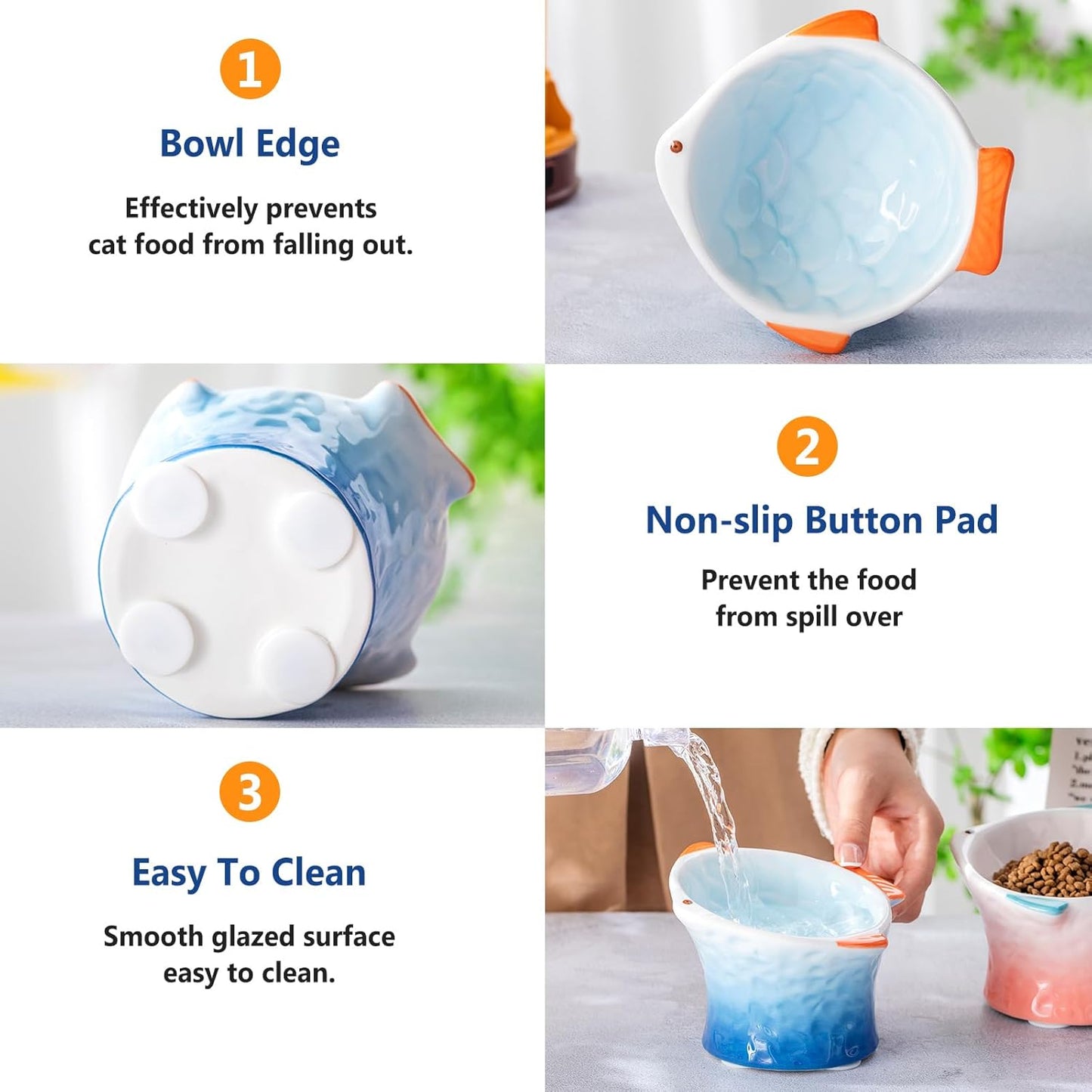 Tioncy 2 Pcs Raised Tilted Ceramic Cat Food Bowl Fish Shape Cute Elevated Slanted Shallow Angled Cat Dish Non Slip Feeder Bowl for Anti-Vomiting and Whisker Fatigue(Blue, Pink)