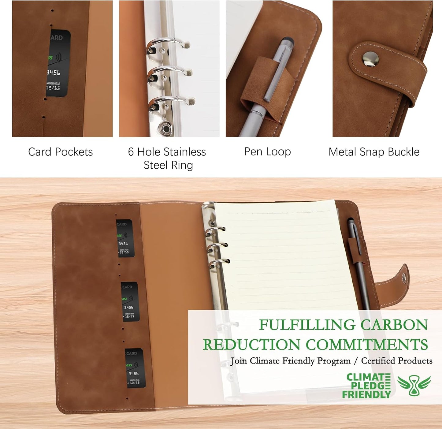 FYY A5 Binder Refillable Planner Notebook 6 Ring PU Leather Binder Journal with Pockets, Dividers, Refill Paper Brown
