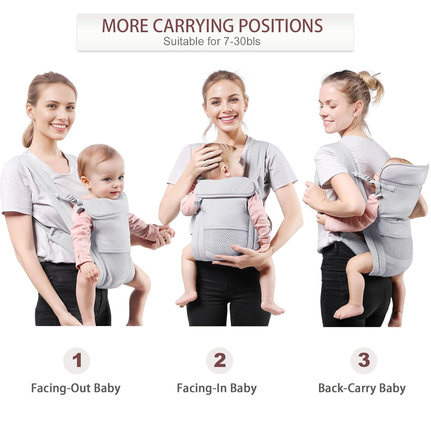 Baby Carrier Newborn to Toddler(7-30lbs), Toddler Carrier with Adjustable Shoulder Strap, Baby Holder Carrier with Breathable Mesh Fabric, Grey