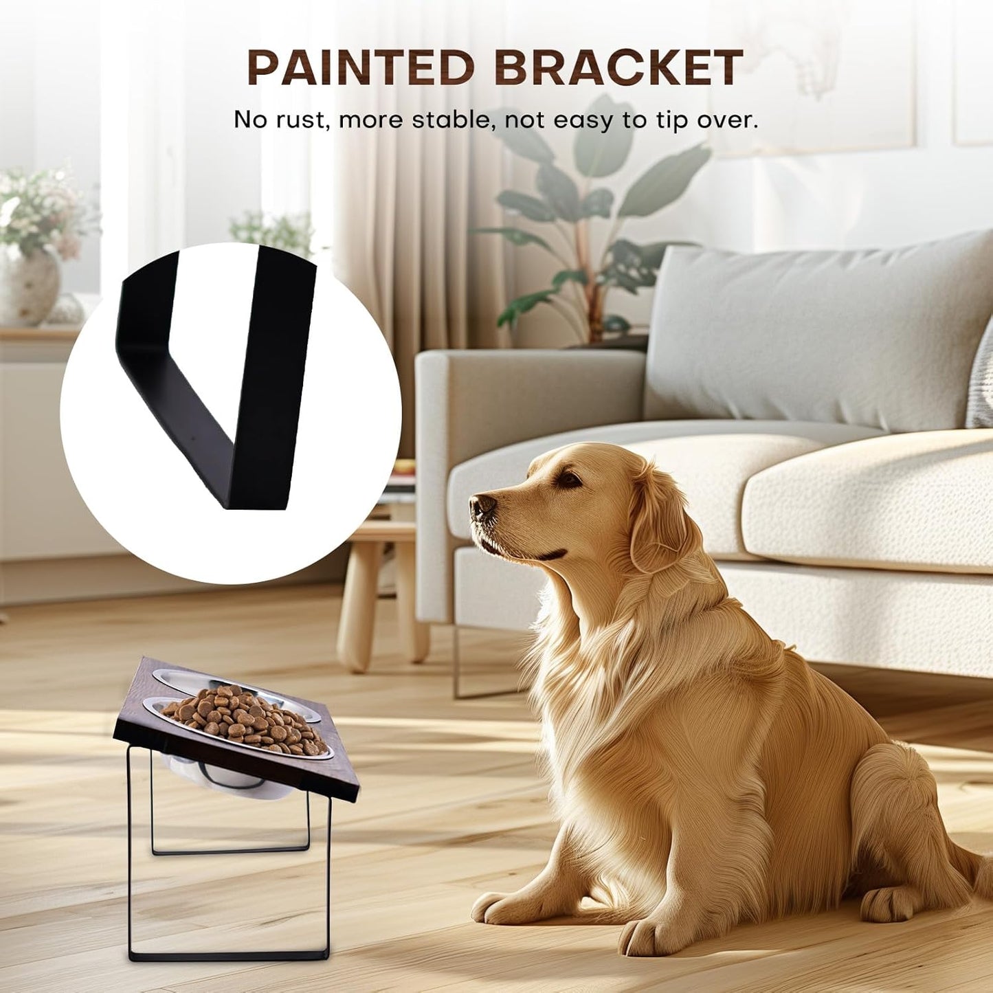 Elevated Dog Food and Water Bowl Set, Large Dog Bowl with Stand, Rustic Wooden Raised Feeder with Stainless Steel Bowls, Tilted Design for Medium and Large Dogs (Black)