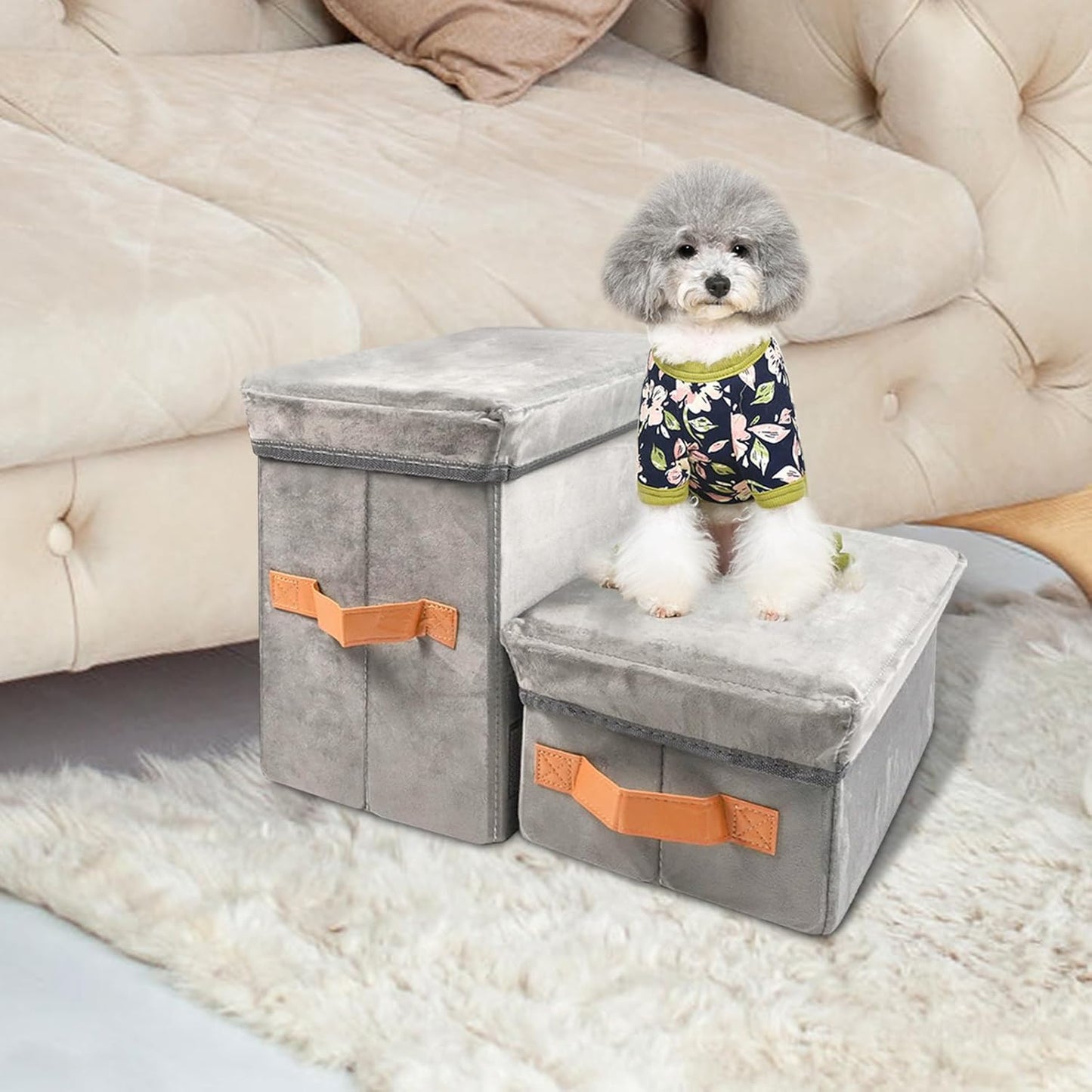 Dayard Dog Stairs with Storage, Foldable Dog Steps for Sofa High Beds, Portable Pet Storage Stepper for Small Pets Dogs Cats, 2 Steps Grey