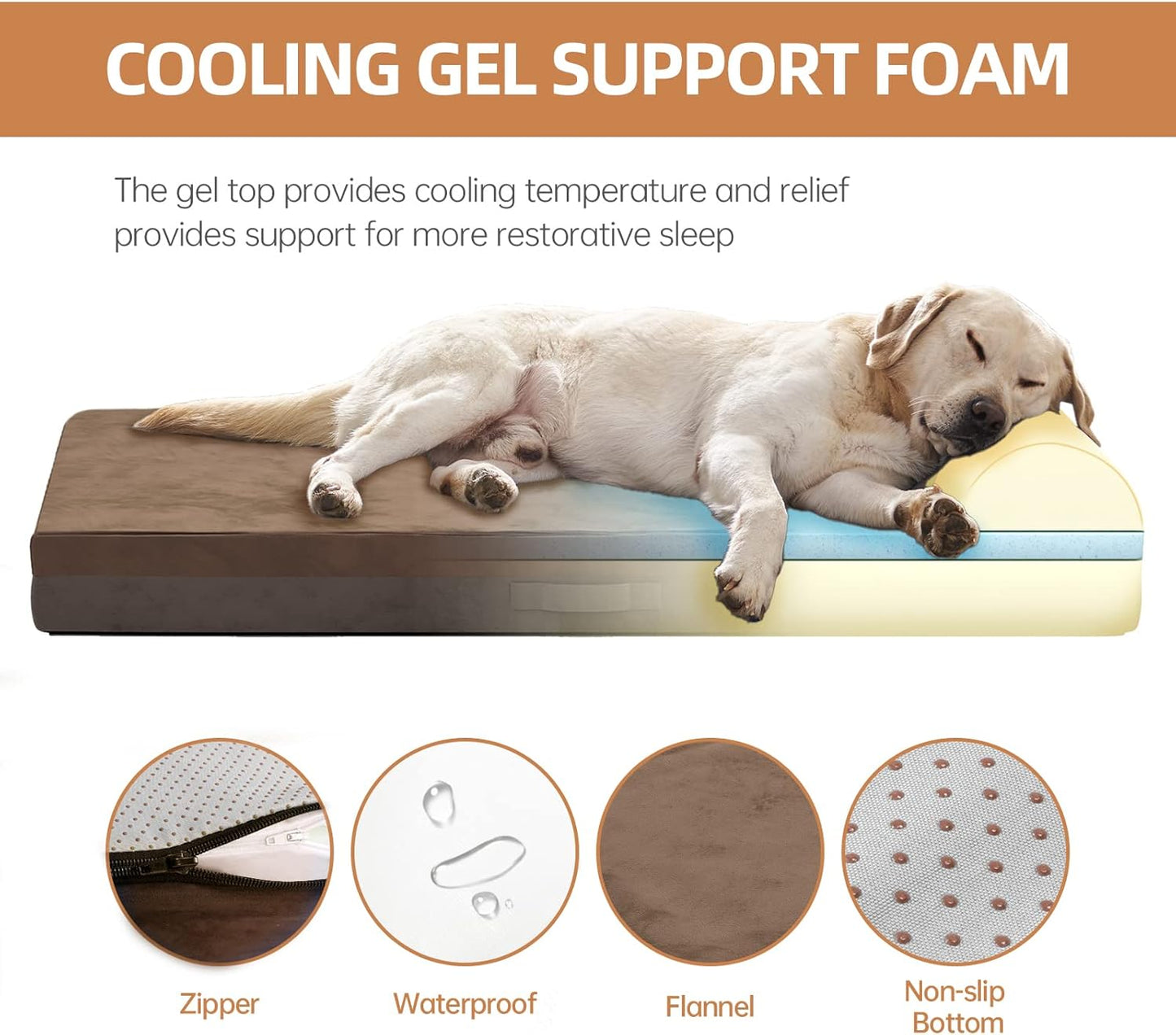 Jumbo Orthopedic Dog Bed - Large, Thicken Gel Memory Foam, Waterproof Liner & Washable Cover, Brown